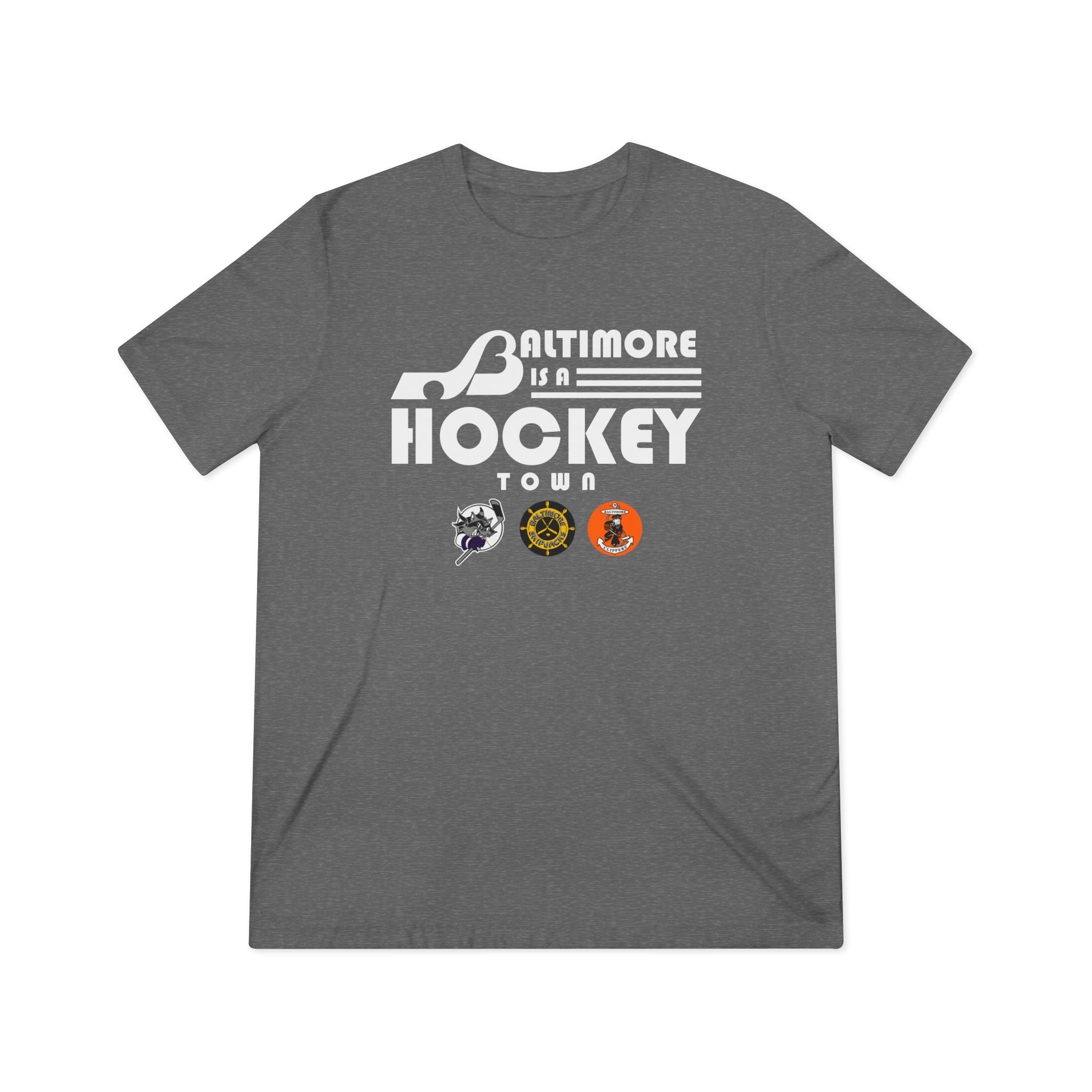 CLEARANCE Baltimore is a Hockey Town T-Shirt (Tri-Blend Super Light) in grey triblend with the white block wordmark over three small team logos on the front