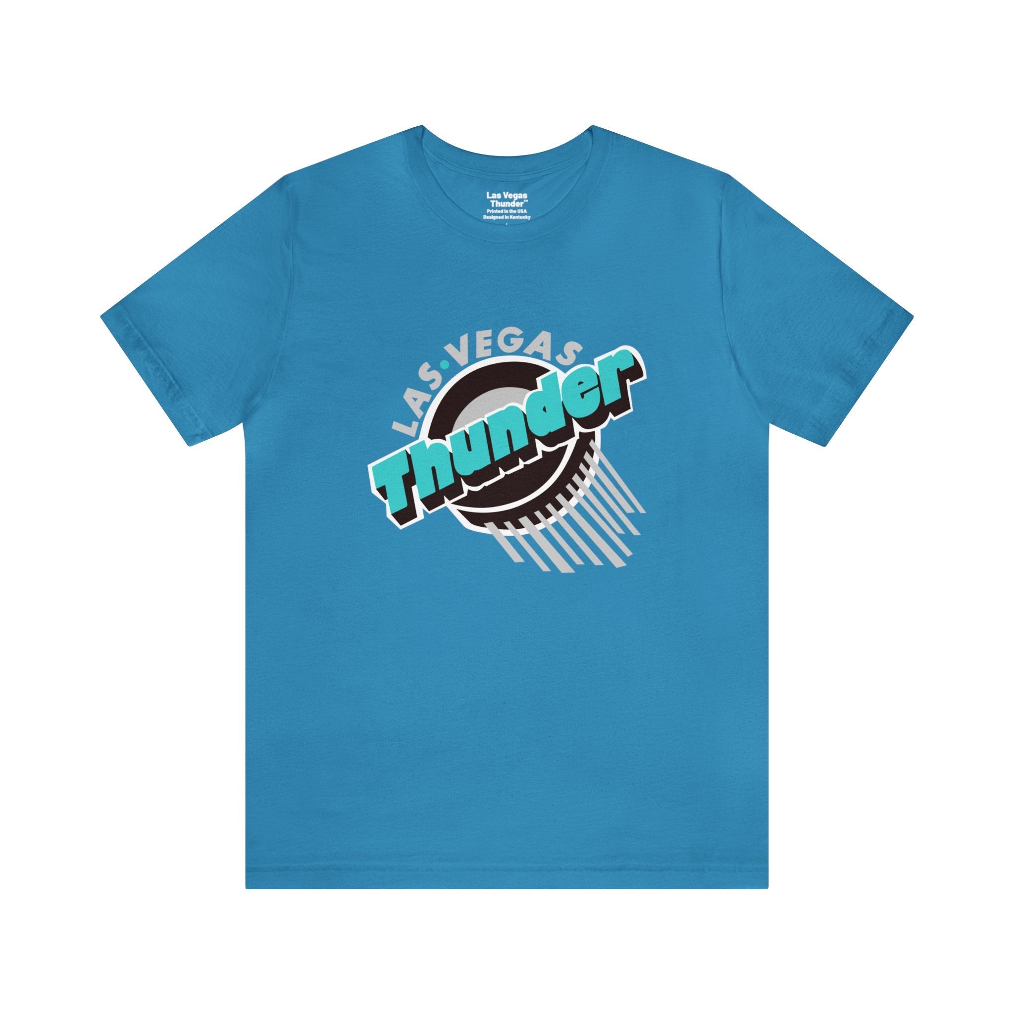 CLEARANCE Las Vegas Thunder Puck T-Shirt (Premium Lightweight) in turquoise with the teal Thunder script over a speeding puck on the front