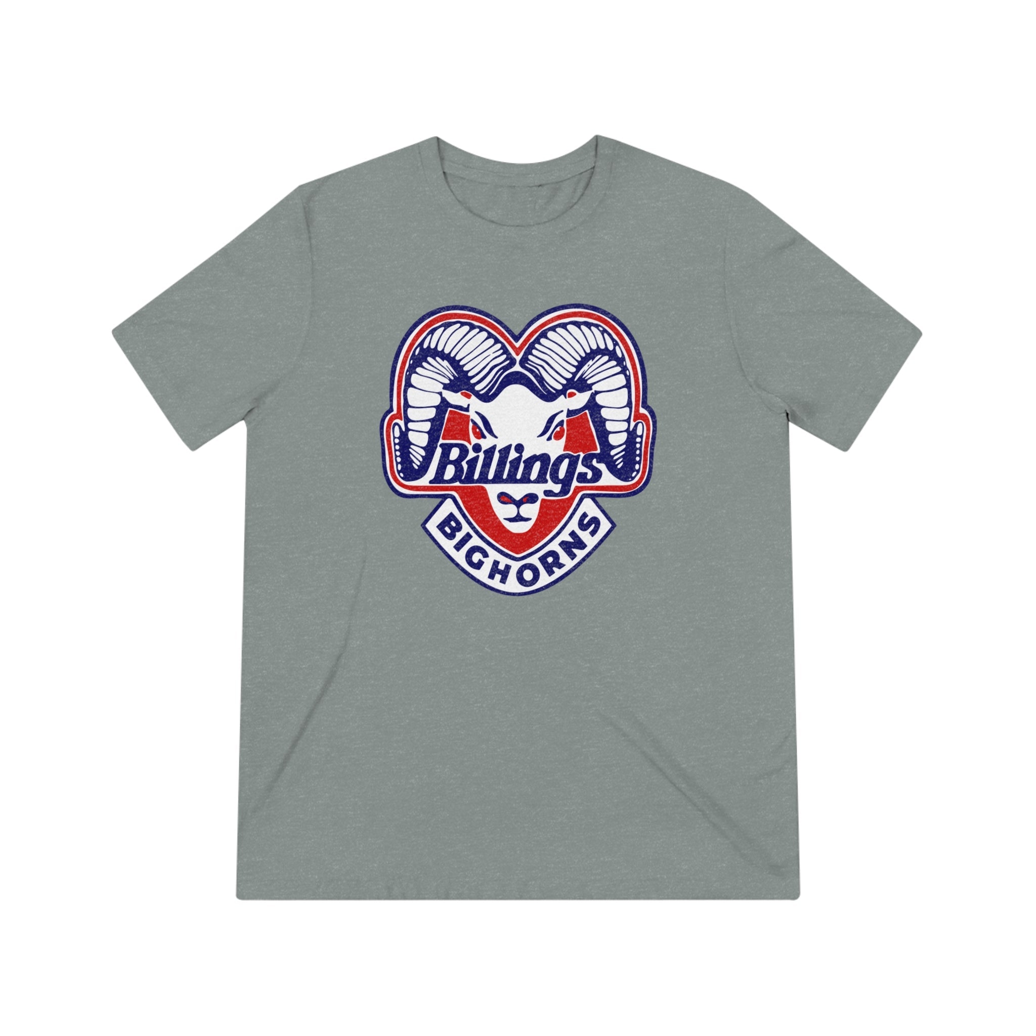 CLEARANCE Billings Bighorns T-Shirt (Tri-Blend Super Light) in athletic grey triblend with the ram horns crest with red script lettering on the front