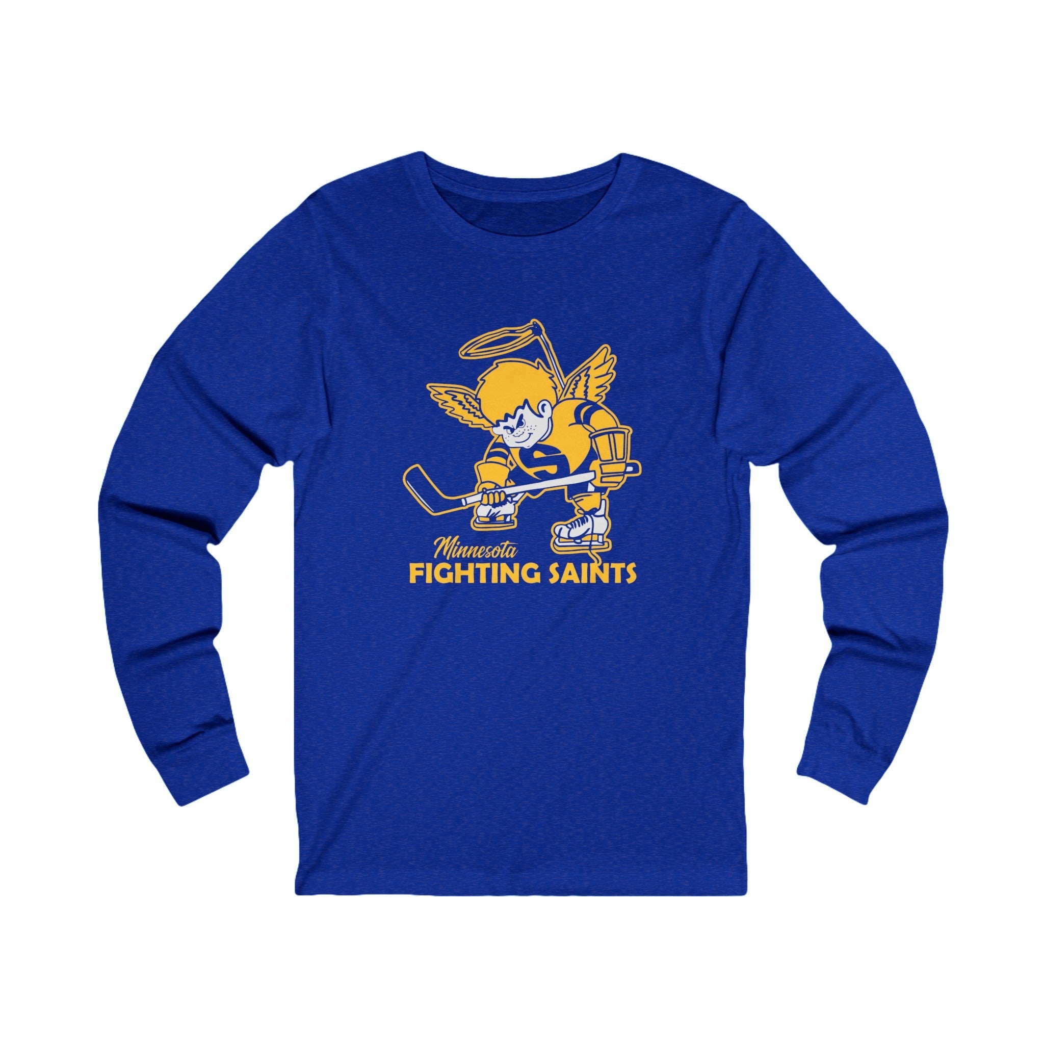 Minnesota Fighting Saints Long Sleeve Shirt with the gold haloed angel skater with a stick on the front, view 3