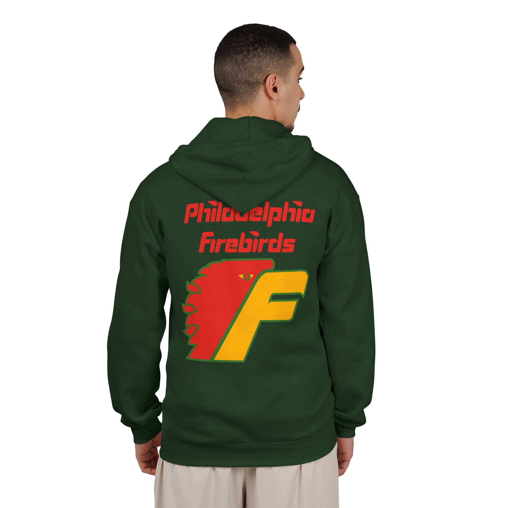 Philadelphia Firebirds Hoodie (Zip) in forest green, worn by model, back with the red and yellow firebird F logo with red script