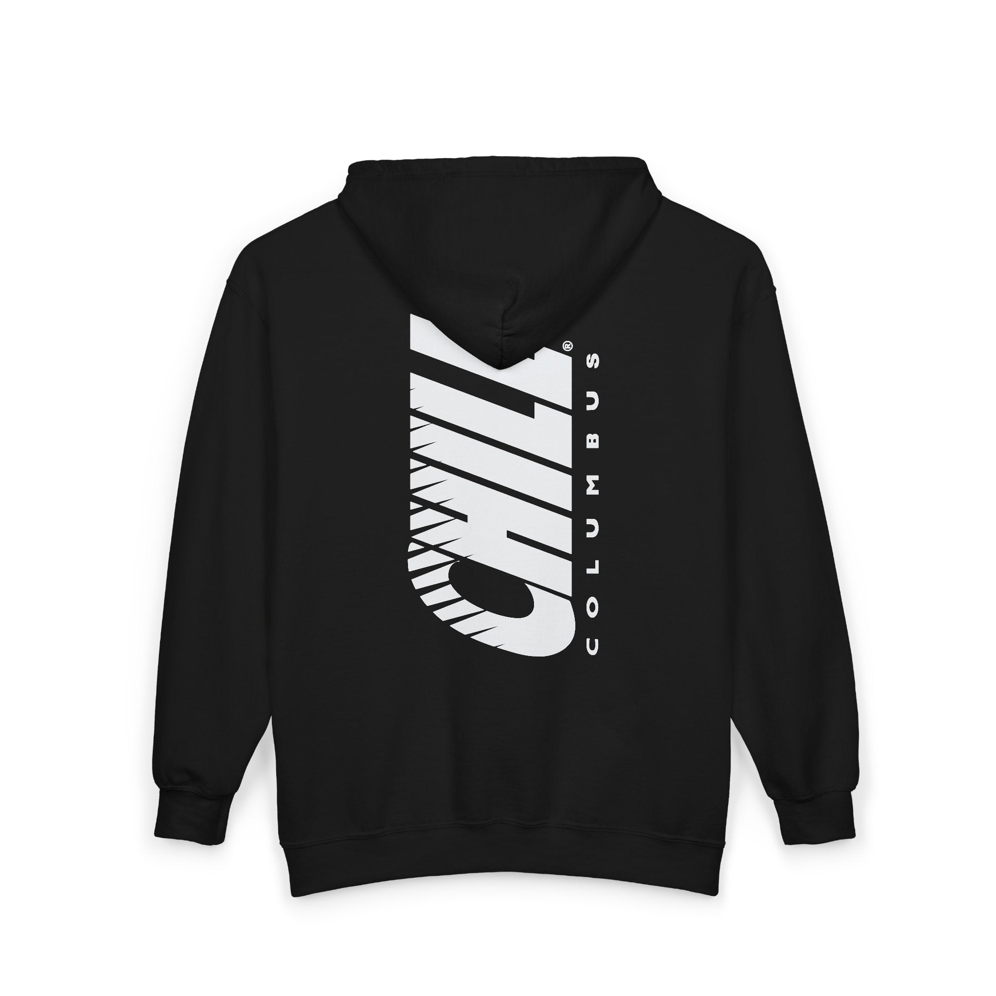 Columbus Chill Hoodie (Zip) in black, back view with the tall white slanted Chill wordmark