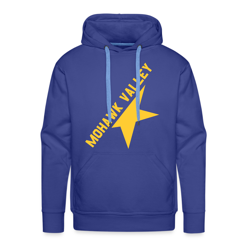 CLEARANCE Mohawk Valley Stars Hoodie (Premium) in royal blue with the gold shooting star with diagonal lettering on the front