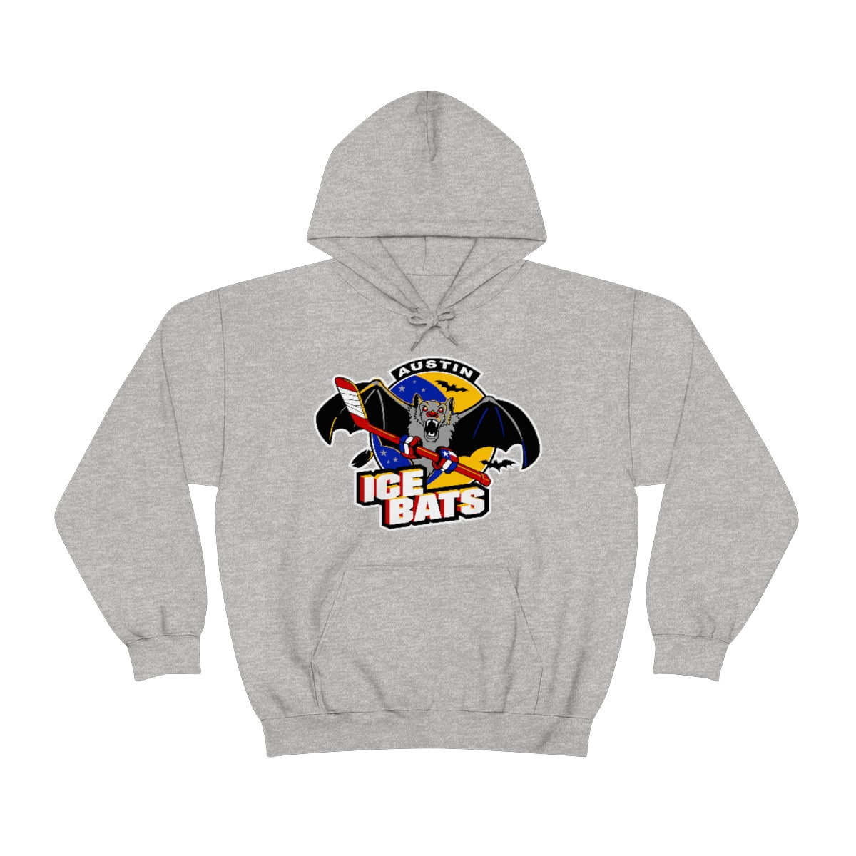 CLEARANCE Austin Ice Bats Hoodie in sport grey with the bat mascot with a stick and yellow wings on the front