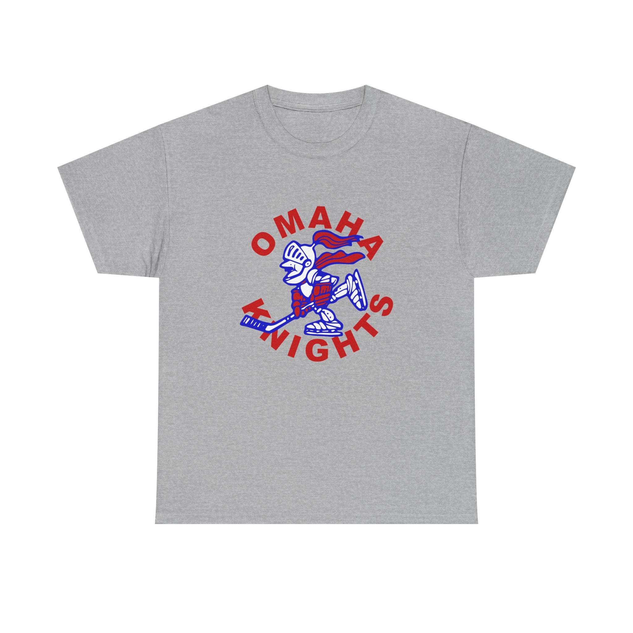 Omaha Knights 1960s T-Shirt in sport grey with the cartoon knight skater in blue with red lettering on the front