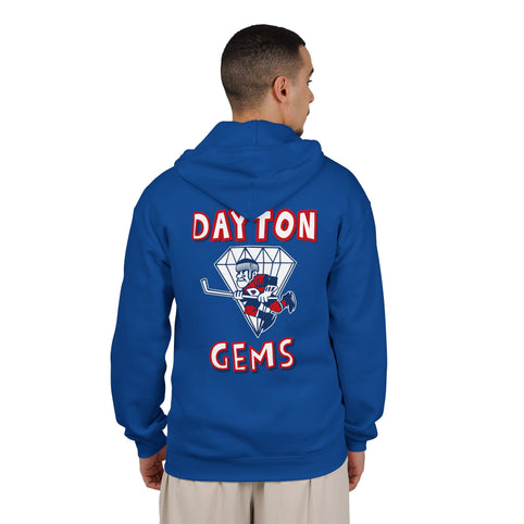 Dayton Gems Hoodie (Zip) in royal, worn by model, back with the skater inside a diamond with red block lettering