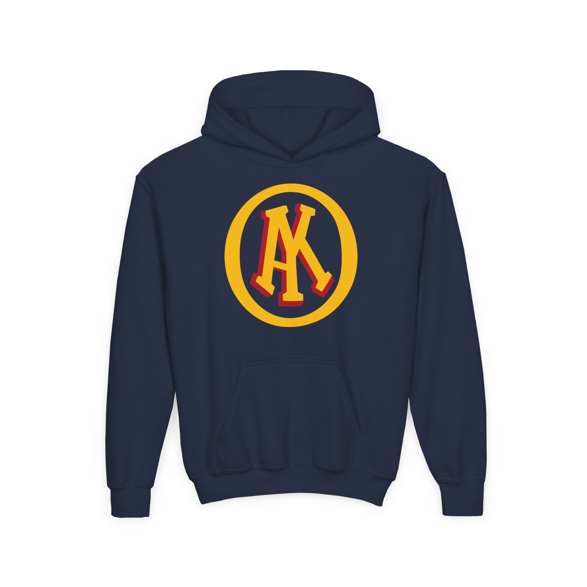 Omaha Knights 1940s Hoodie (Youth) in navy with the gold and red AK monogram in a gold ring on the front