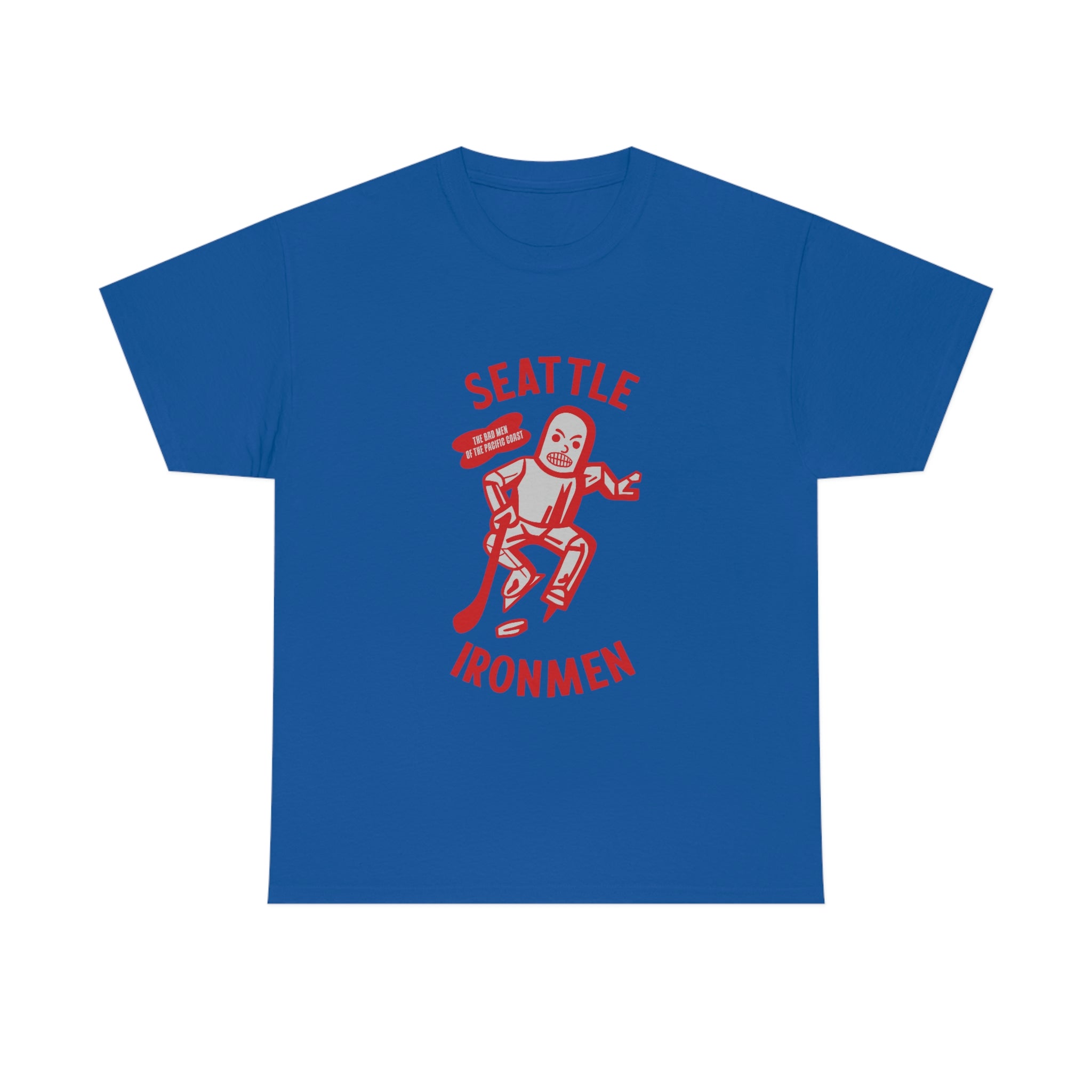CLEARANCE Seattle Ironmen T-Shirt in royal with the red robot skater with arched red lettering on the front