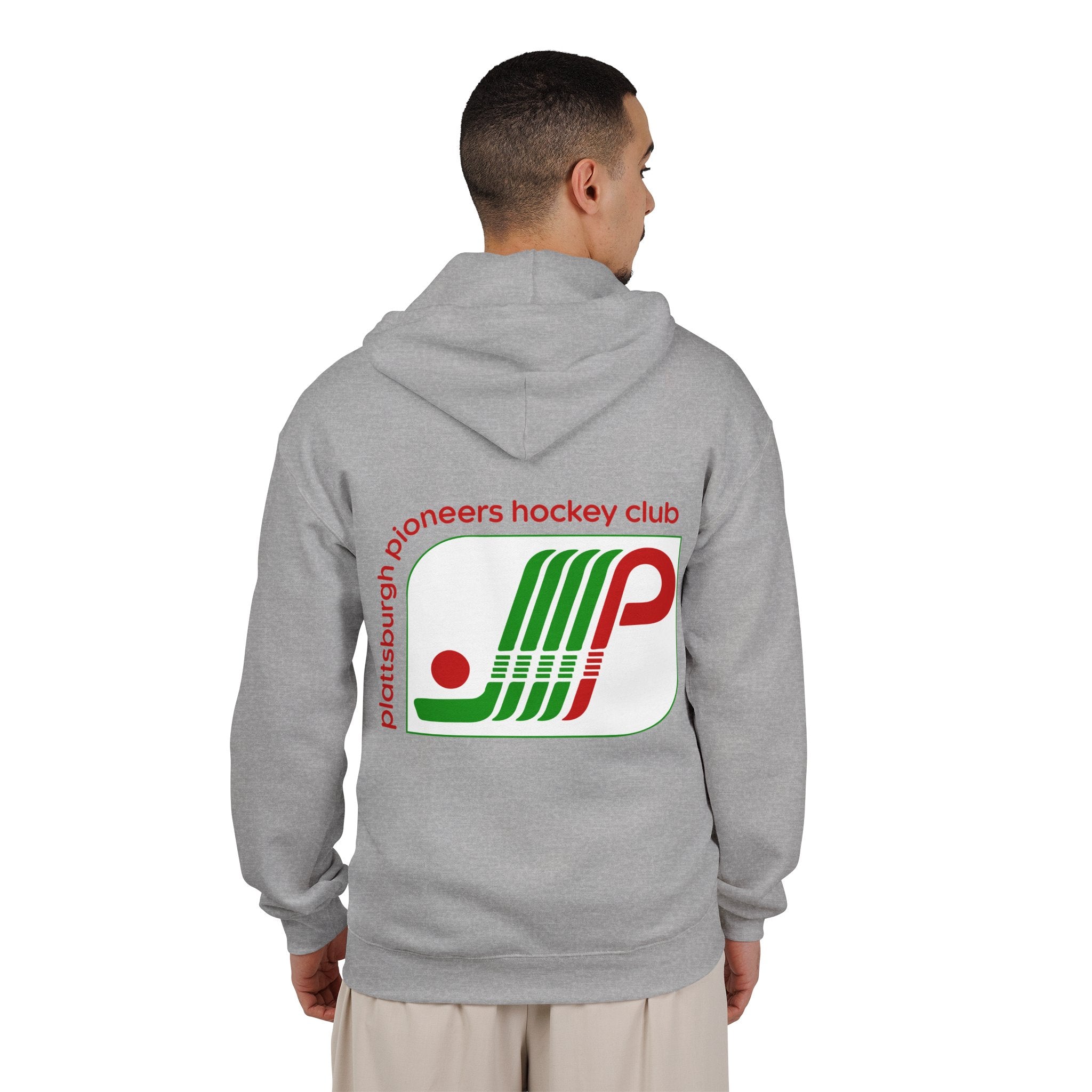 Plattsburgh Pioneers Hoodie (Zip) in sport grey, worn by model, back with the green and red striped P logo with a puck