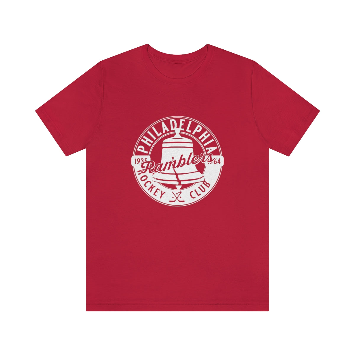 CLEARANCE Philadelphia Ramblers T-Shirt (Premium Lightweight) in red with the round white bell badge with script lettering on the front