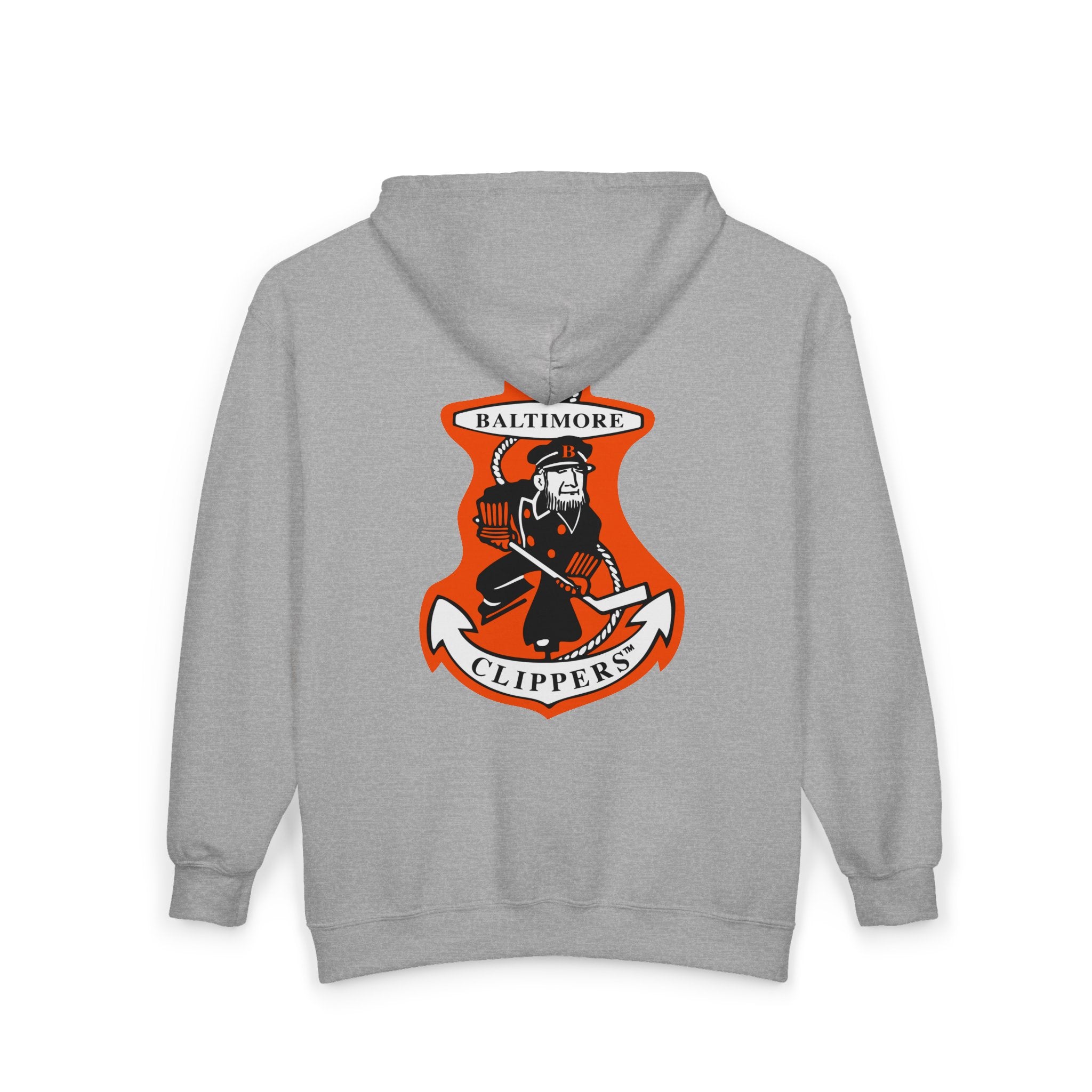 Baltimore Clippers Hoodie (Zip) in sport grey, back view with the sea captain skater on an orange anchor crest