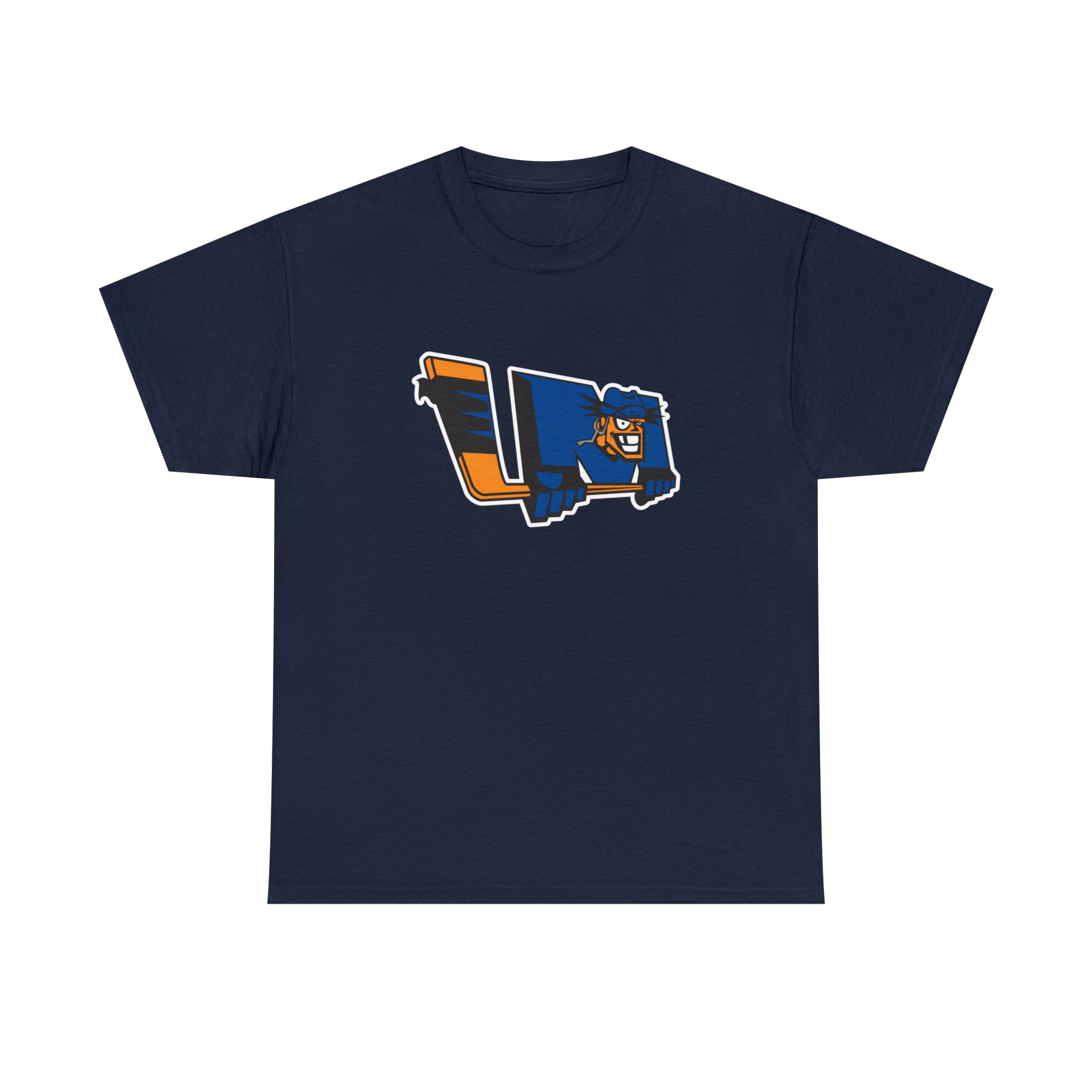 CLEARANCE Lewiston MAINEiacs T-Shirt in navy with the orange and blue L logo with a mascot face on the front