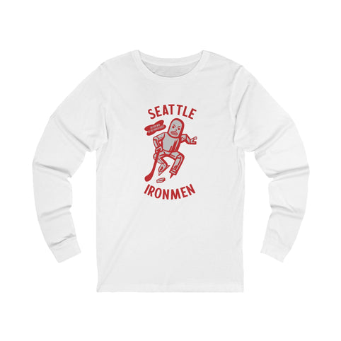 Seattle Ironmen Long Sleeve Shirt with the red retro robot skater with arched lettering on the front, view 2