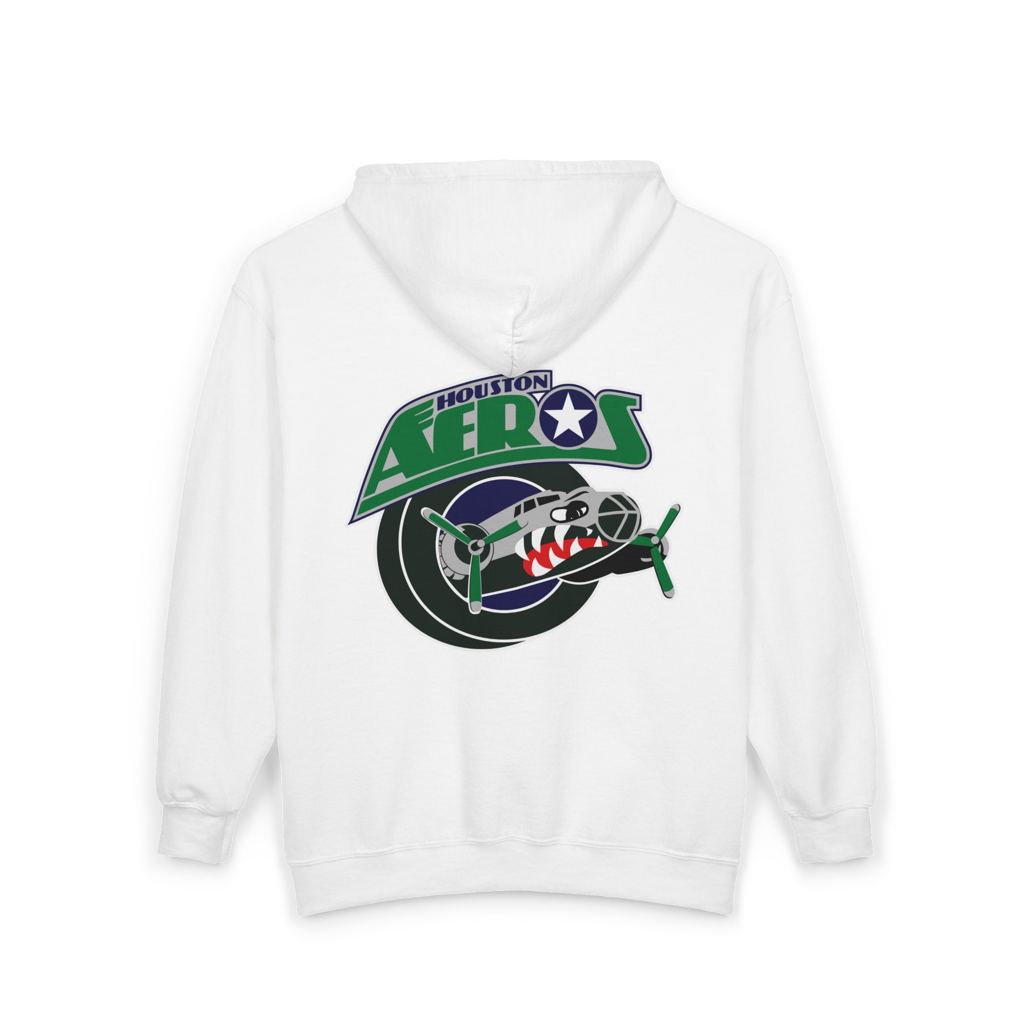 Houston Aeros 1990s Hoodie (Zip) in white, back view with the shark-nosed plane over a puck with green lettering