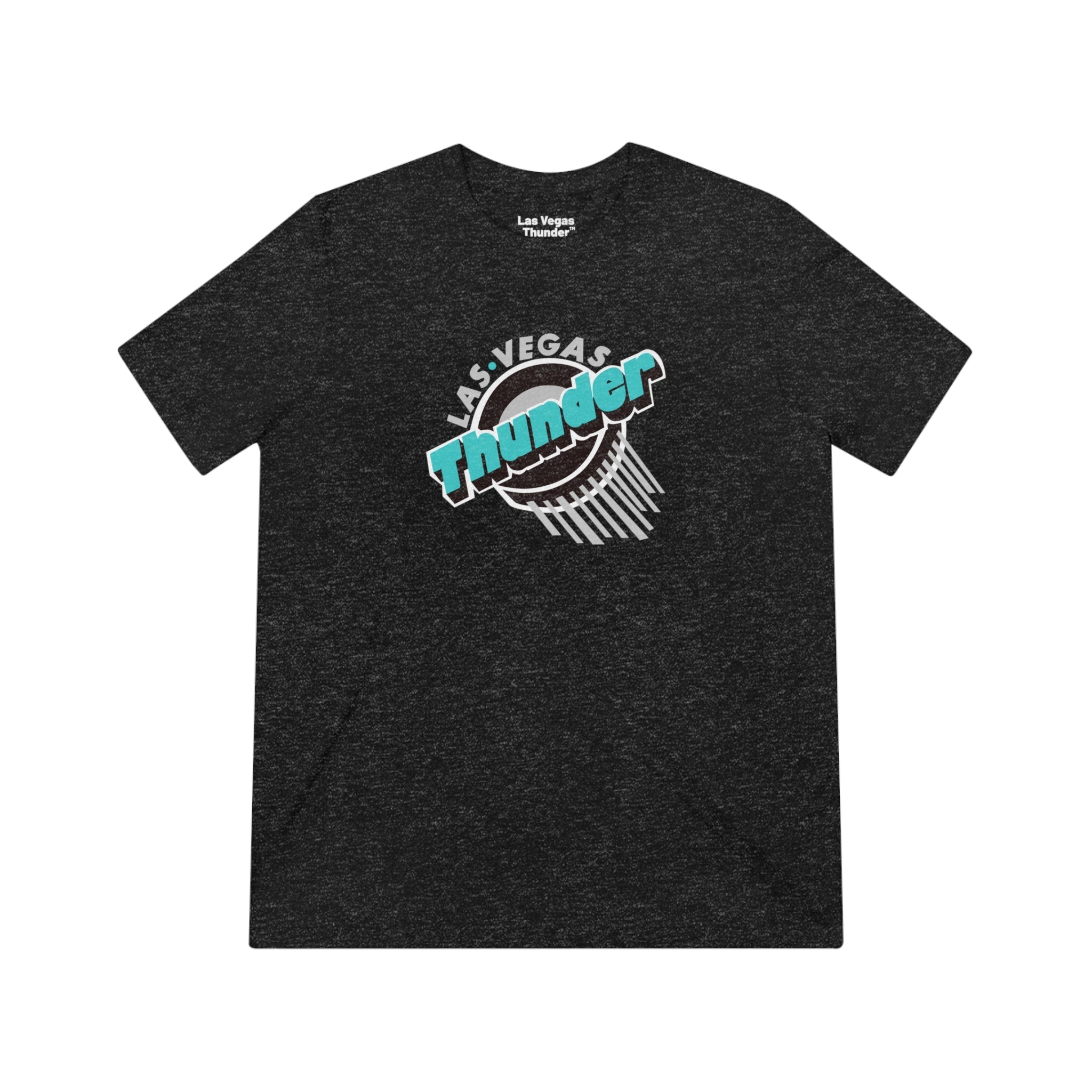 CLEARANCE Las Vegas Thunder Puck T-Shirt (Tri-Blend Super Light) in black heather with the teal script wordmark over a puck with speed lines on the front