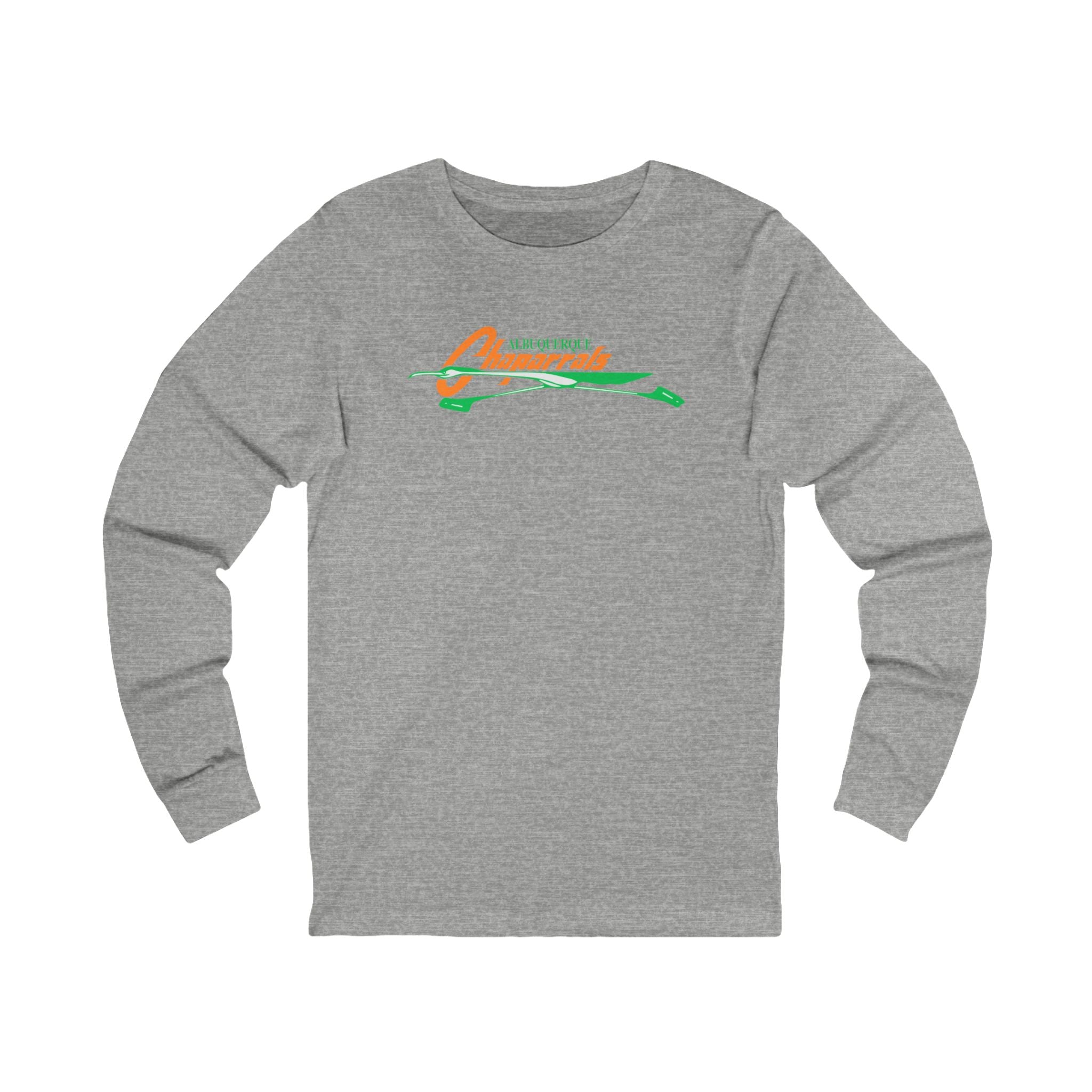 Albuquerque Chaparrals Long Sleeve Shirt in athletic heather with the orange script over a green roadrunner swoosh on the front