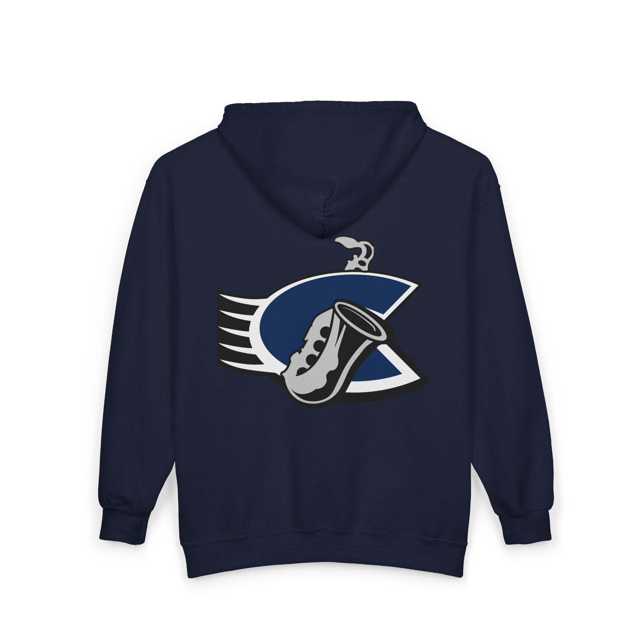 Chicago Bluesmen Hoodie (Zip) in navy, back view with the saxophone over a navy and black C logo