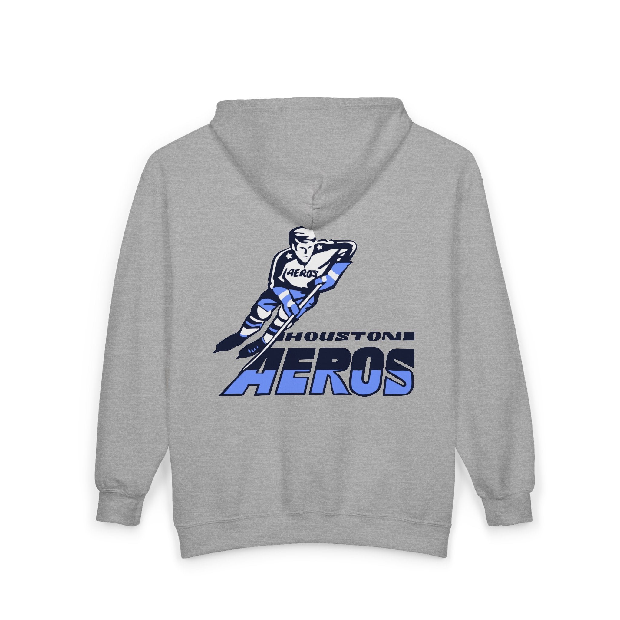 Houston Aeros 1970s Hoodie (Zip) in sport grey, back view with the skating player over blue slanted lettering