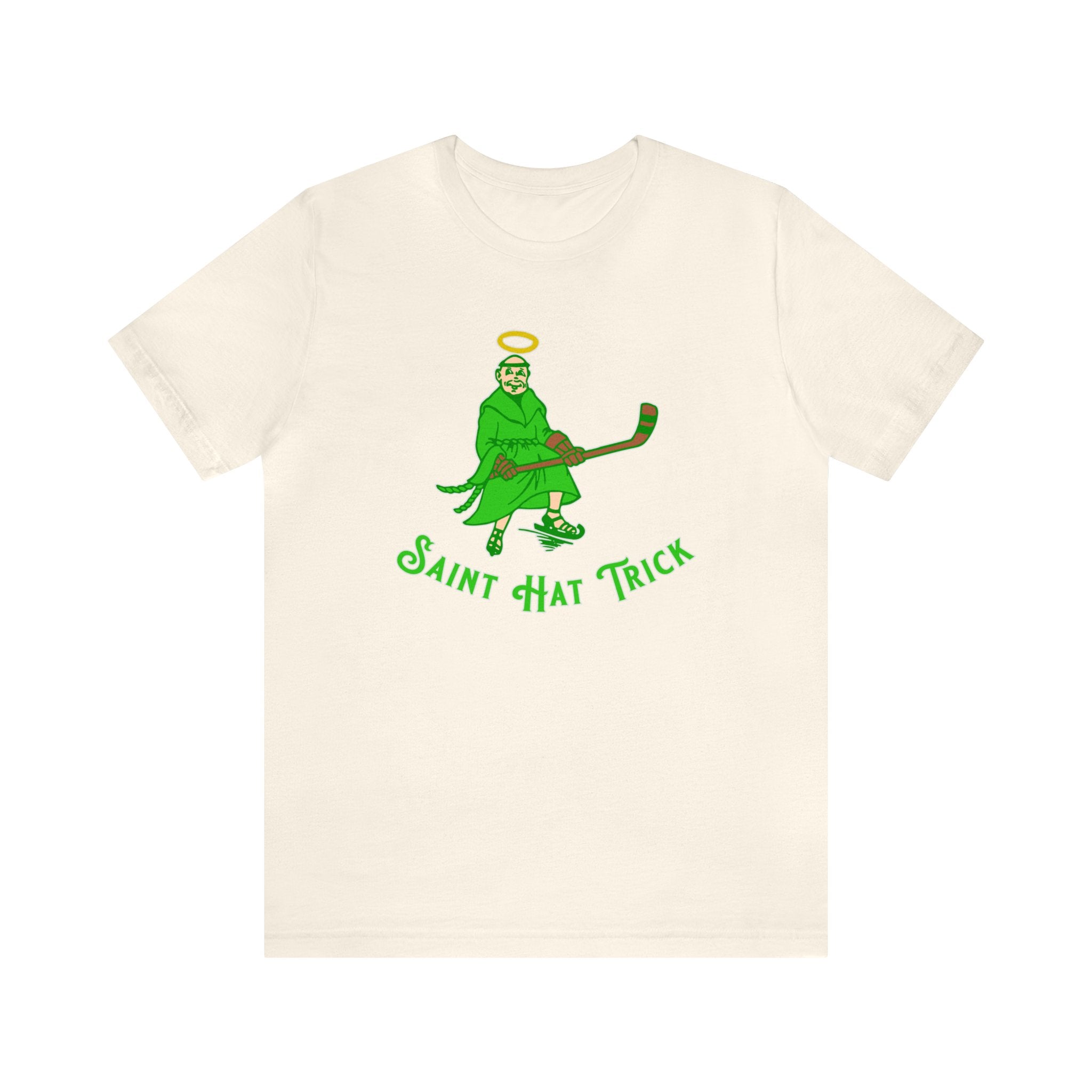 Saint Hat Trick T-Shirt (Premium Lightweight) in natural with the haloed monk skater in green with script on the front