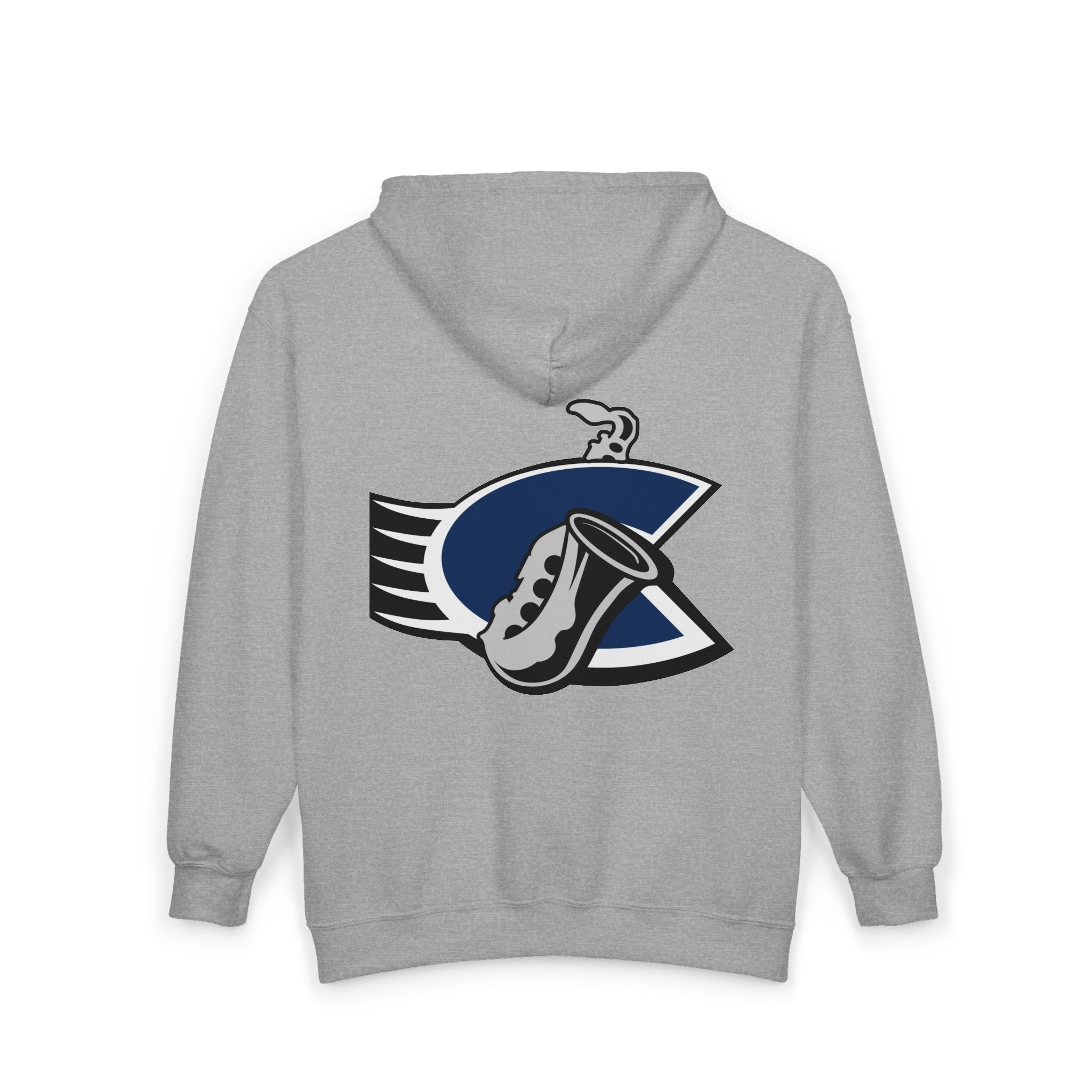 Chicago Bluesmen Hoodie (Zip) in sport grey, back view with the saxophone over a navy and black C logo