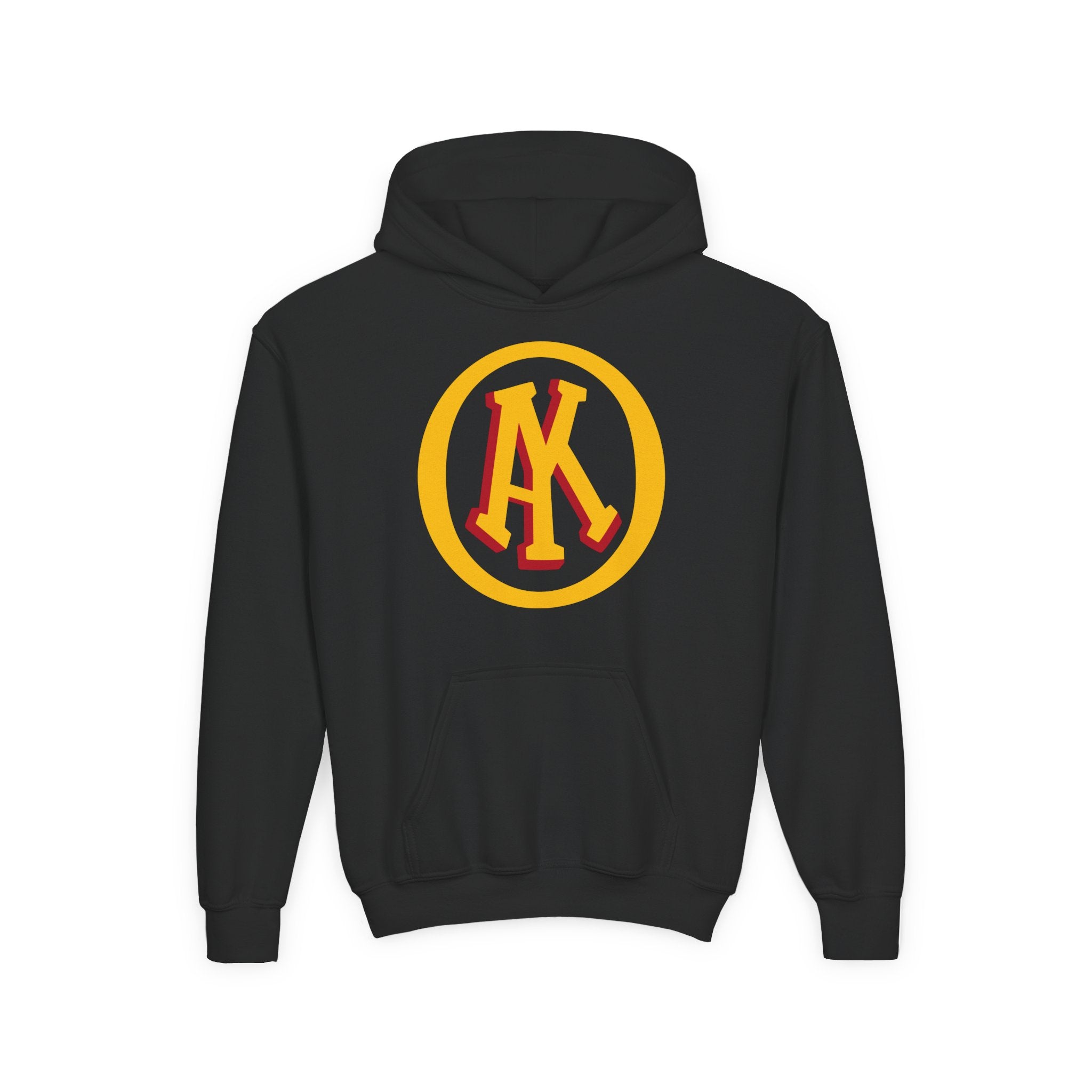 Omaha Knights 1940s Hoodie (Youth) in black with the gold and red AK monogram in a gold ring on the front