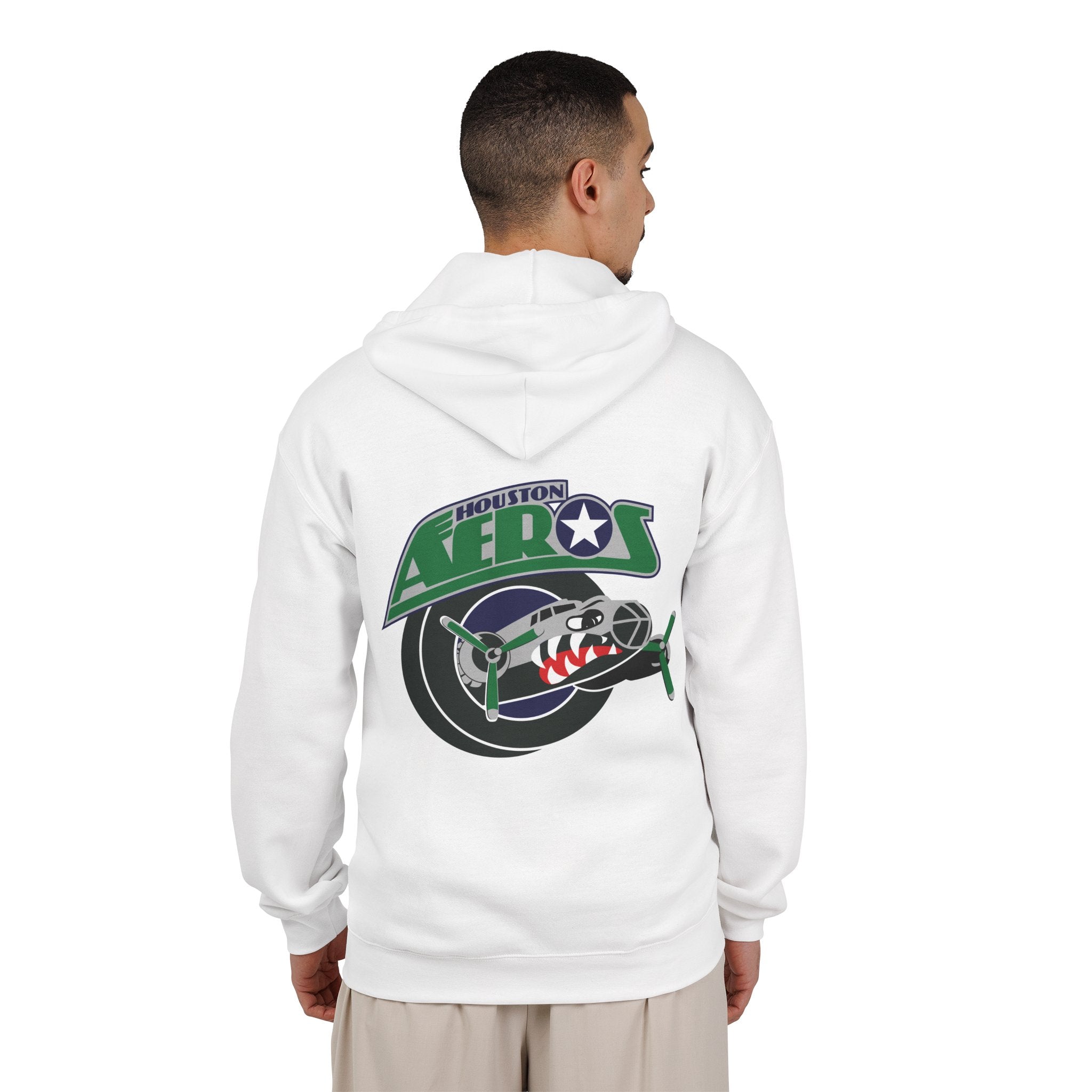 Houston Aeros 1990s Hoodie (Zip) in white, worn by model, back with the shark-nosed plane over a puck with green lettering