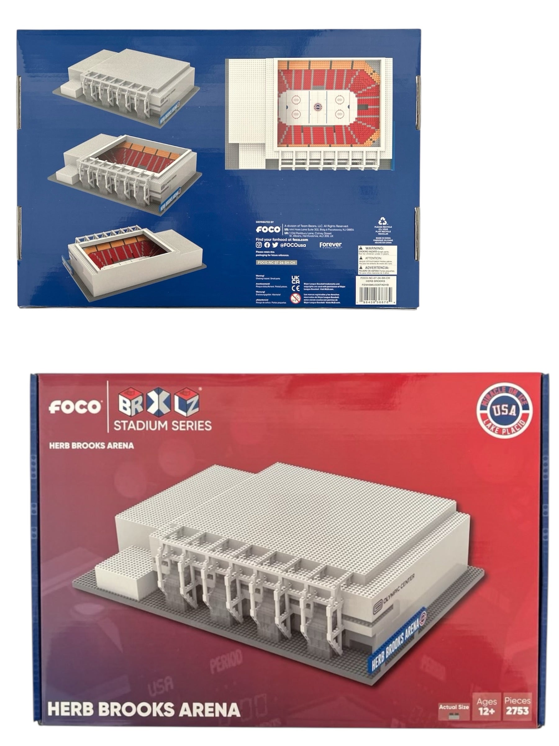 FOCO BRXLZ Stadium Series Herb Brooks Arena Lake Placid 1980 Miracle on Ice building kit box and model images