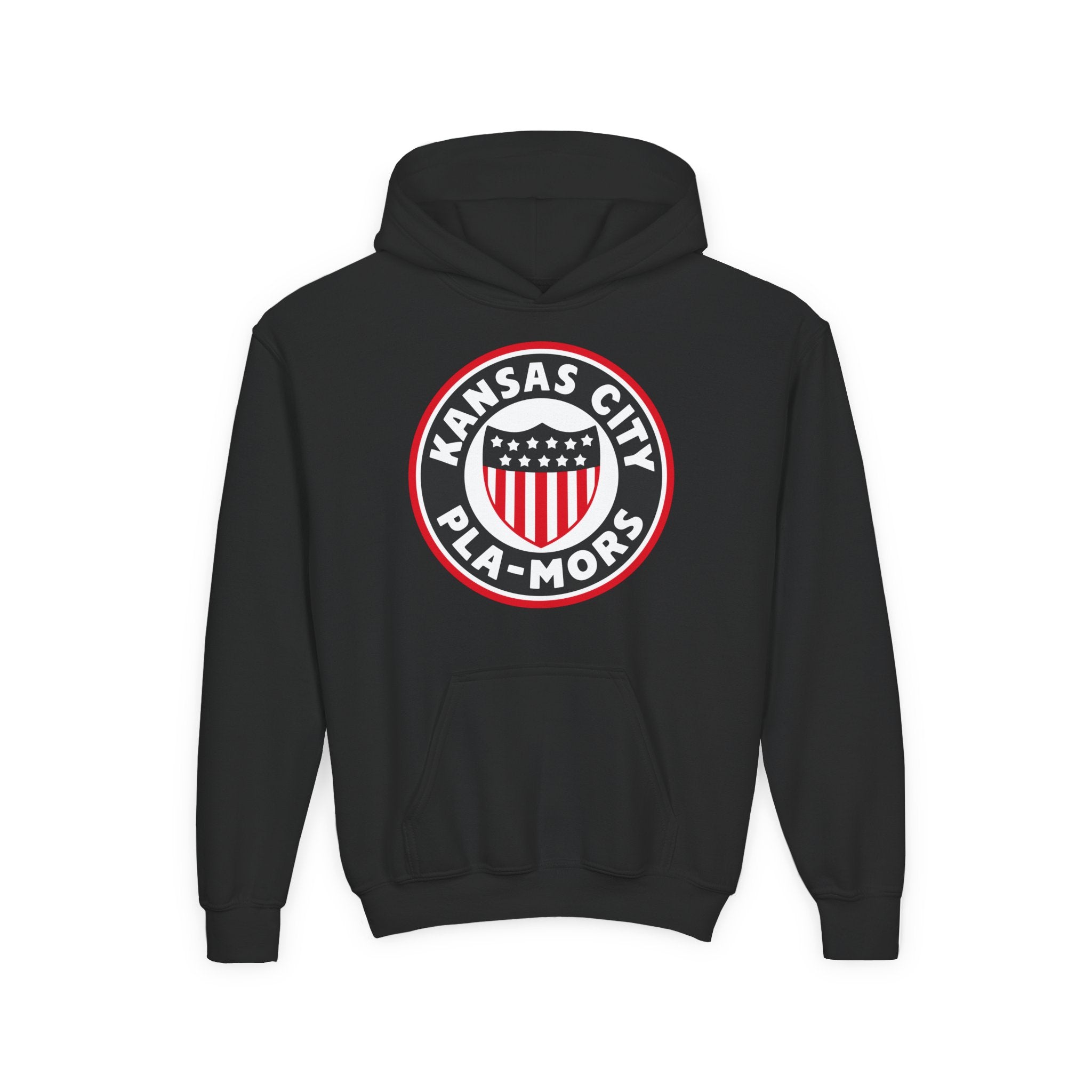 Kansas City Pla-Mors Hoodie (Youth) in black with the round logo with a stars-and-stripes shield on the front