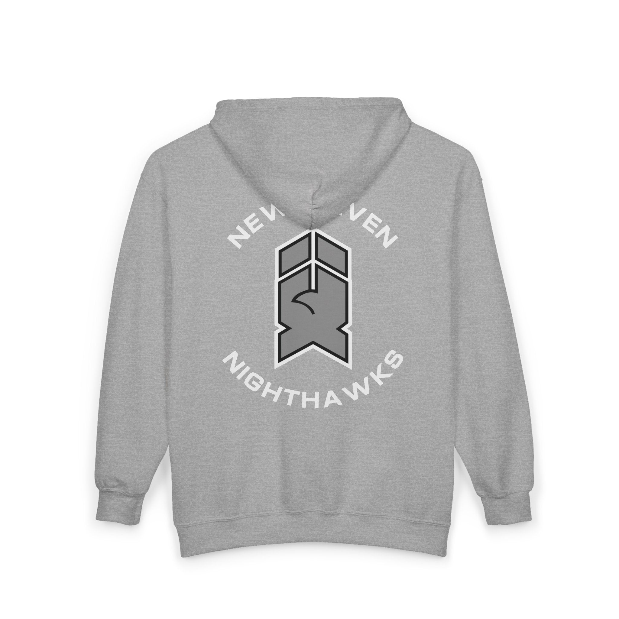 New Haven Nighthawks 1990s Hoodie (Zip) in sport grey, back view with the grey and black hawk-head emblem with arched lettering