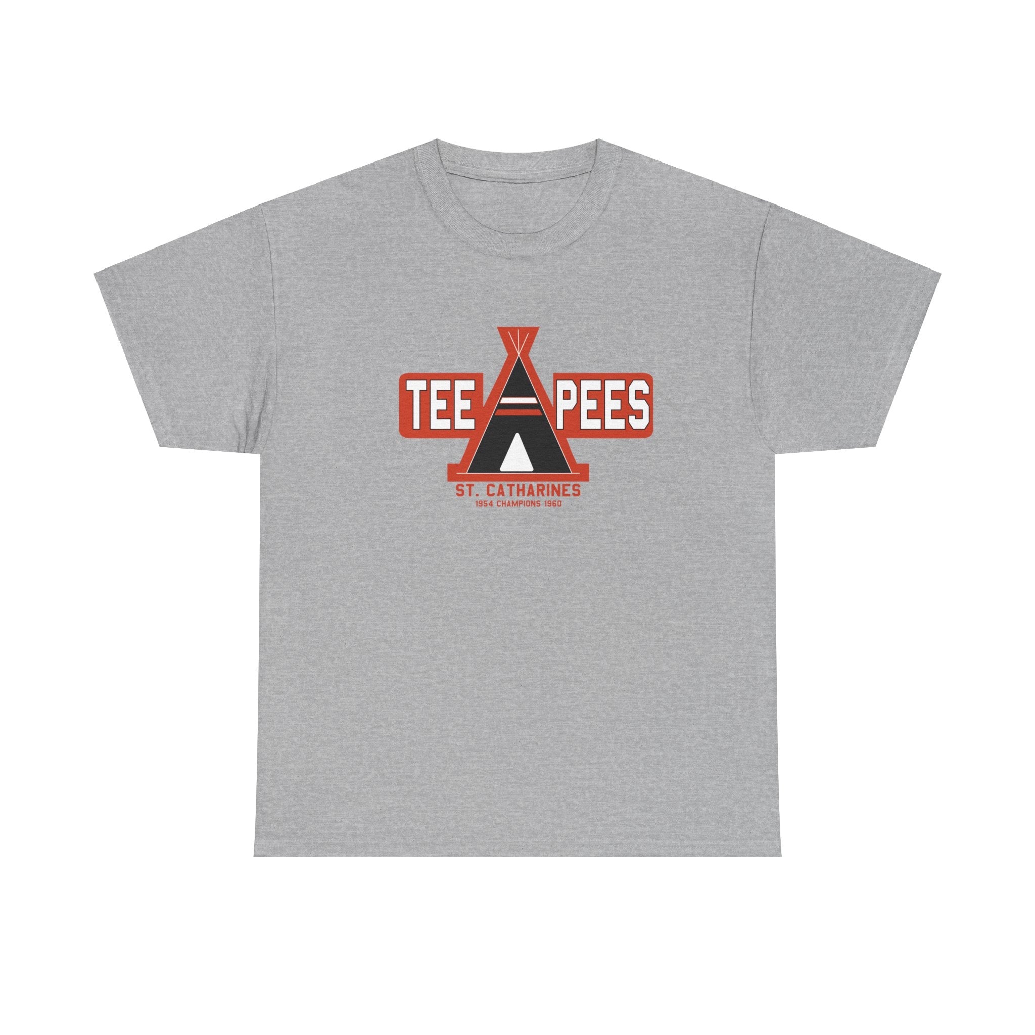 CLEARANCE St. Catharines Teepees T-Shirt in sport grey with the red wordmark with a black teepee on the front