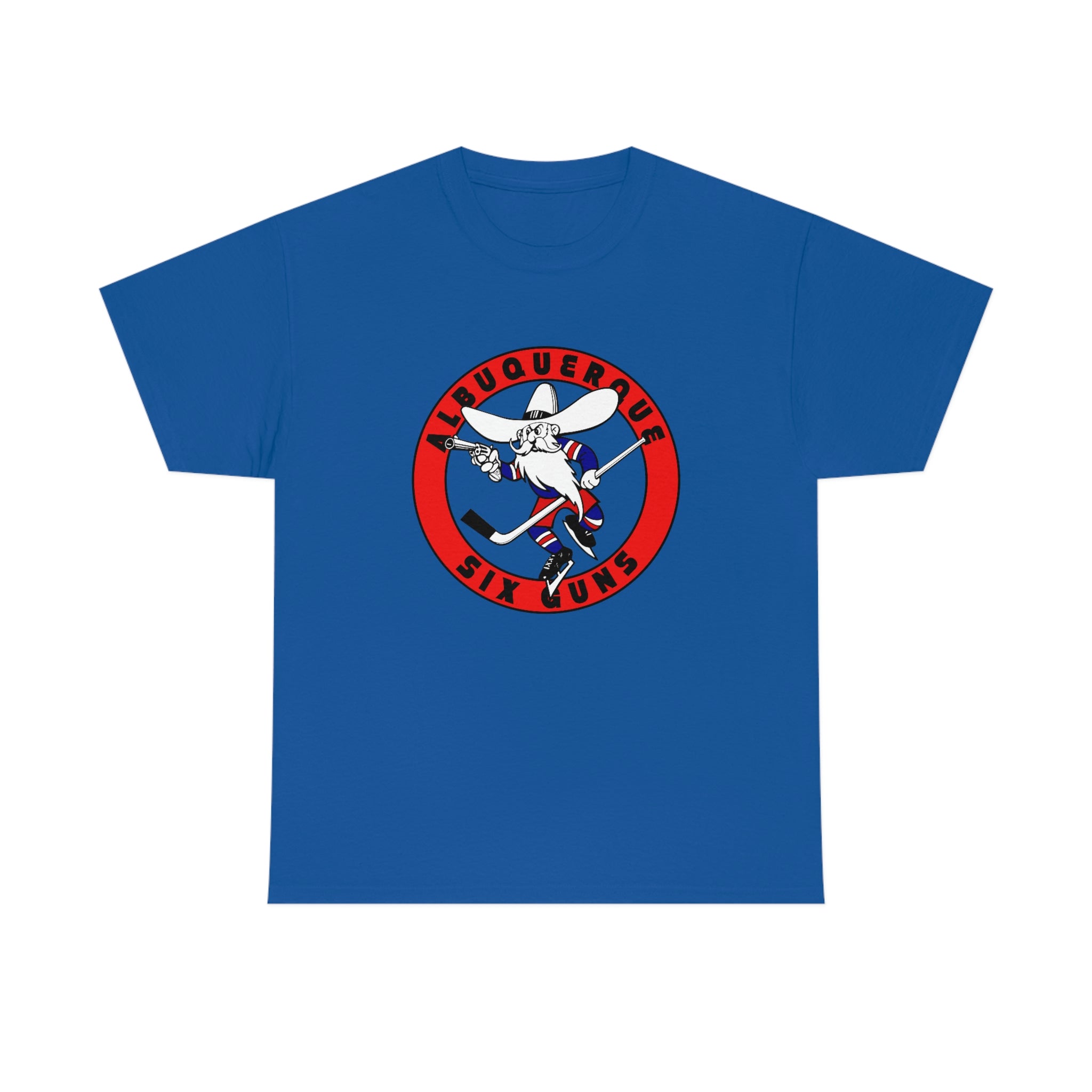 CLEARANCE Albuquerque Six Guns T-Shirt in royal with the round red logo of a cowboy skater on the front