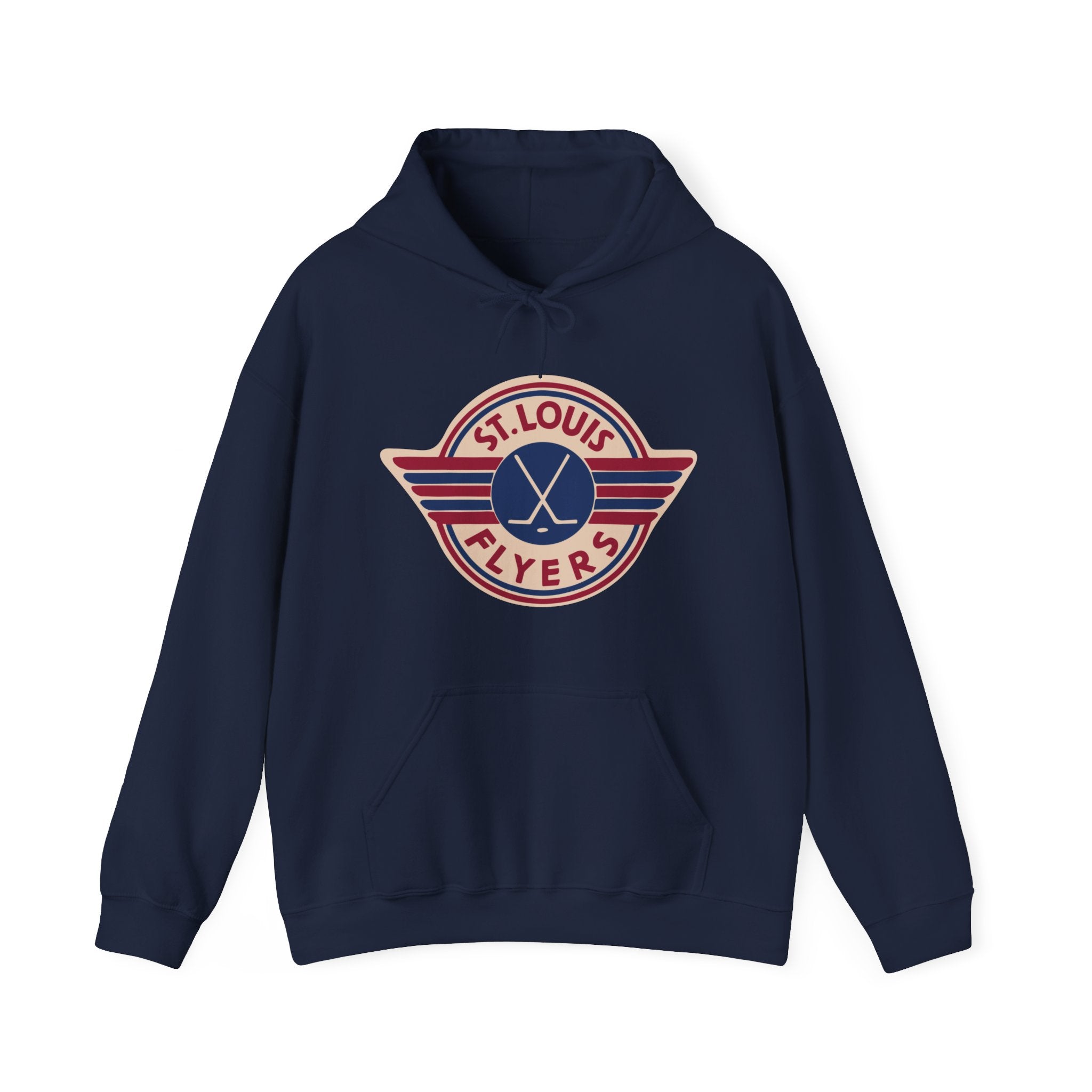 CLEARANCE St. Louis Flyers Hoodie in navy with the winged roundel with crossed sticks in red on the front