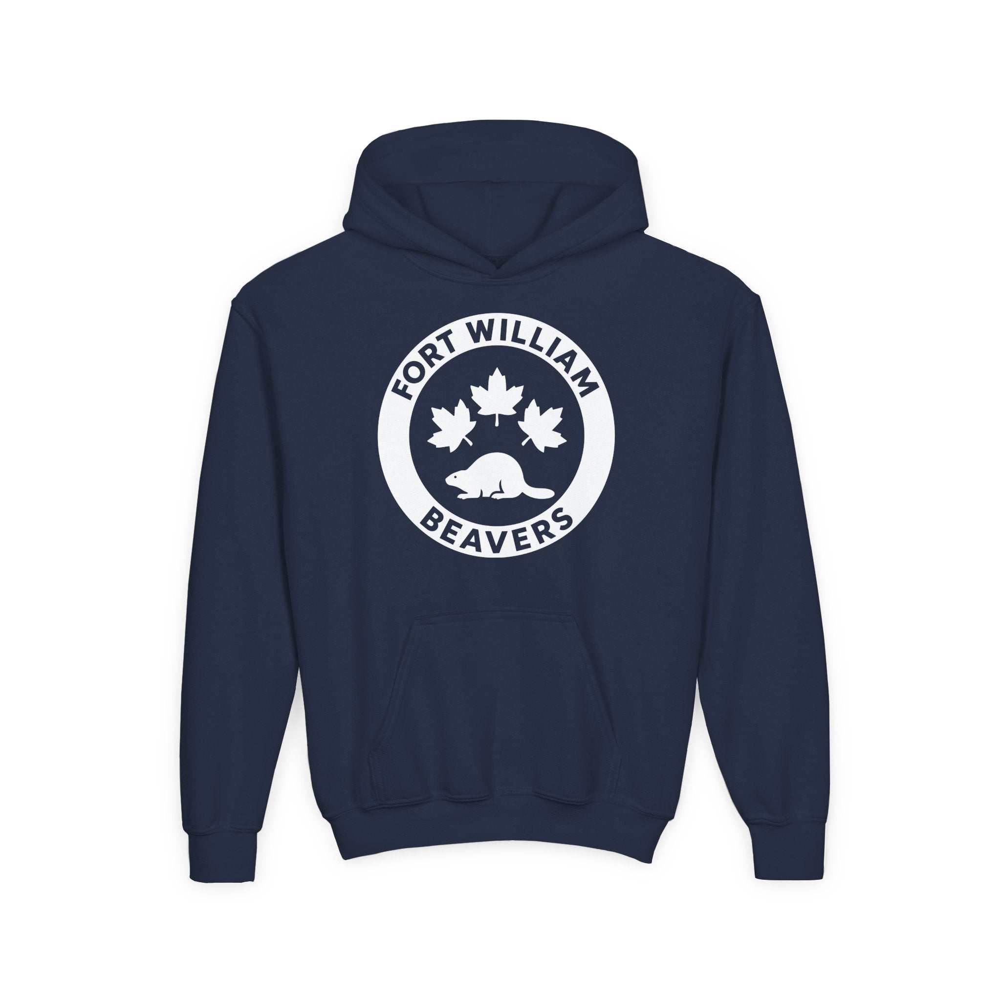 Fort William Beavers Hoodie (Youth) in navy with the white round logo of maple leaves and a beaver on the front