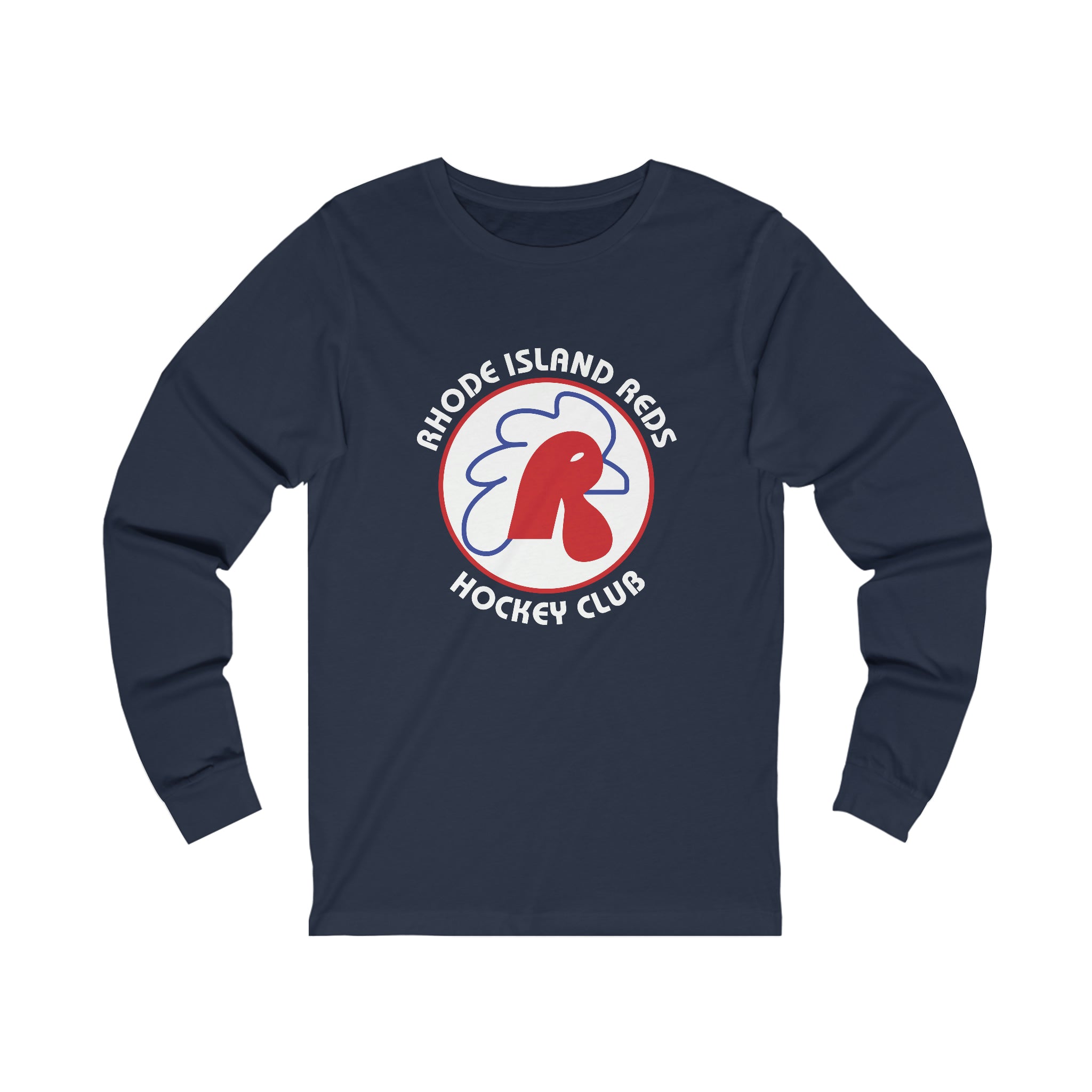 Rhode Island Reds Long Sleeve Shirt with the red rooster-shaped R in a round logo on the front