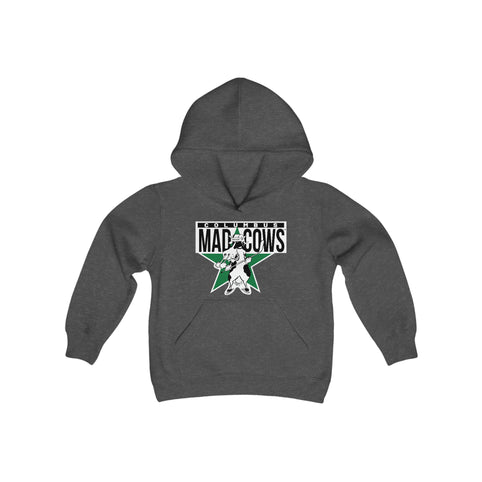 Columbus Mad Cows Hoodie (Youth) in dark heather with the cartoon cow skater on a green star on the front