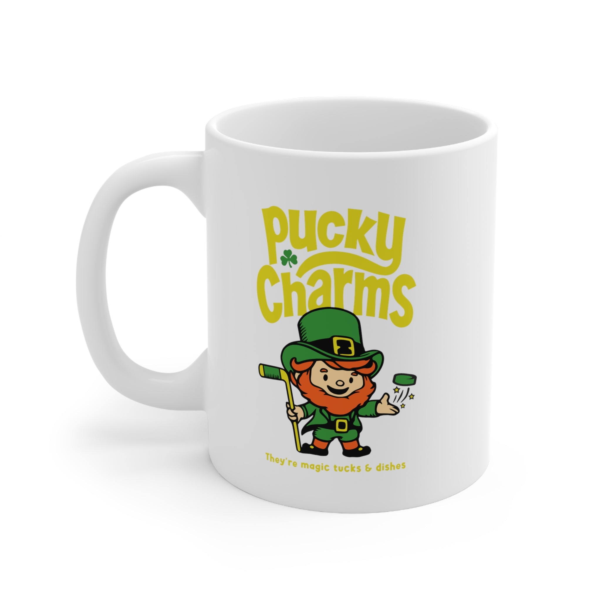Pucky Charms Mug 11oz with the cartoon leprechaun with a stick and yellow lettering, left side view