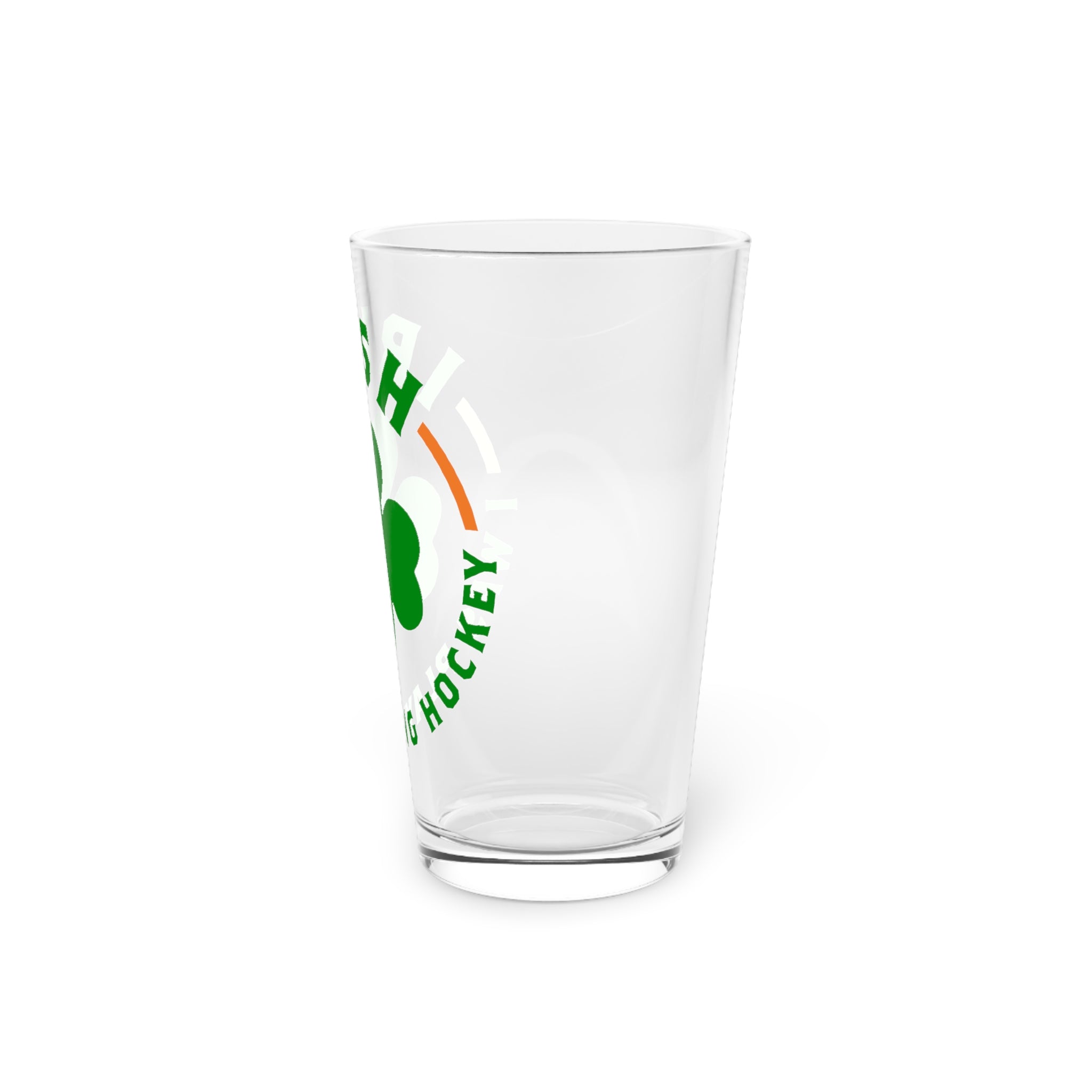 Irish I Was Playing Hockey Pint Glass with the green shamrock ringed by Irish slogan lettering, right side view