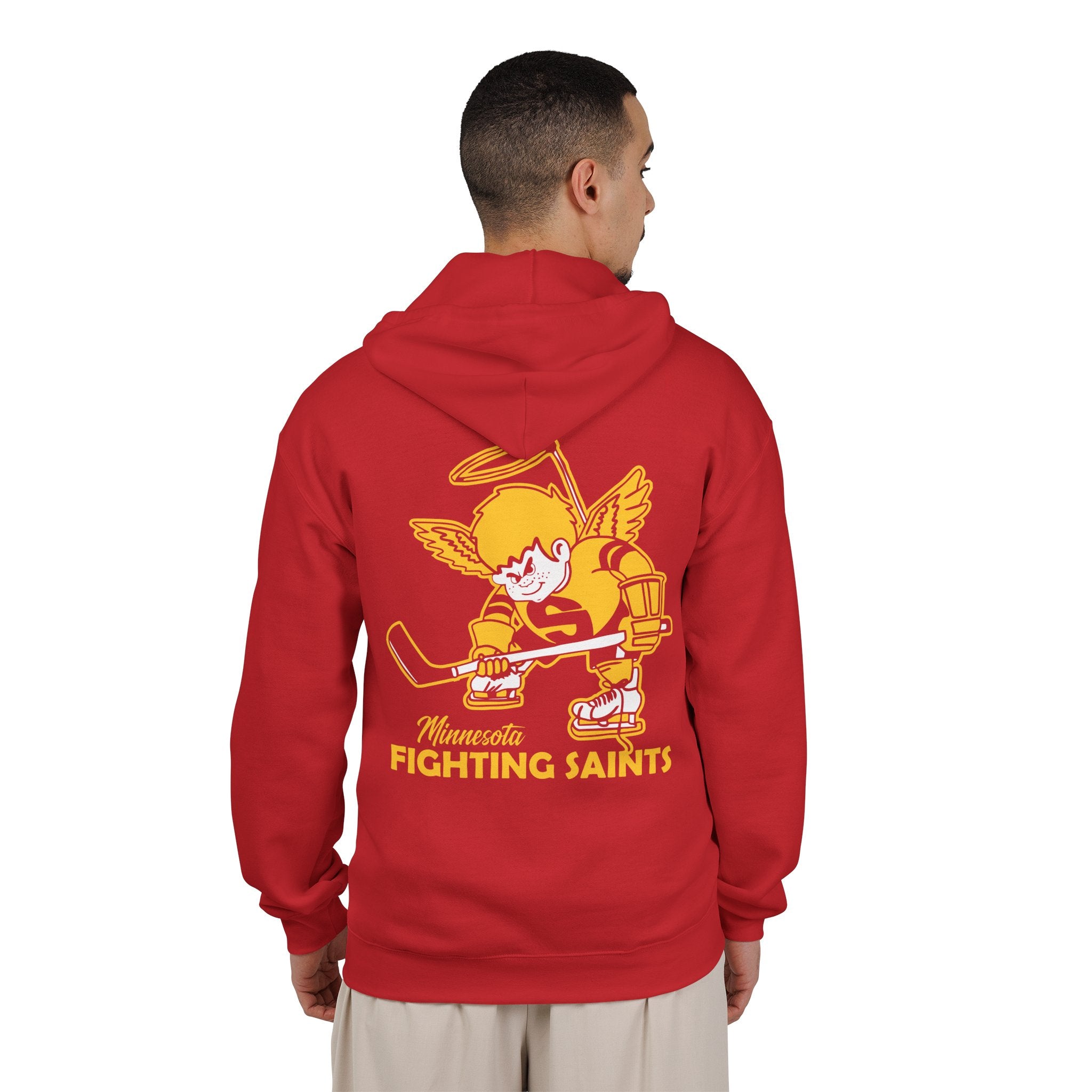 Minnesota Fighting Saints Hoodie (Zip) in red, worn by model, back with the gold haloed angel skater with a stick