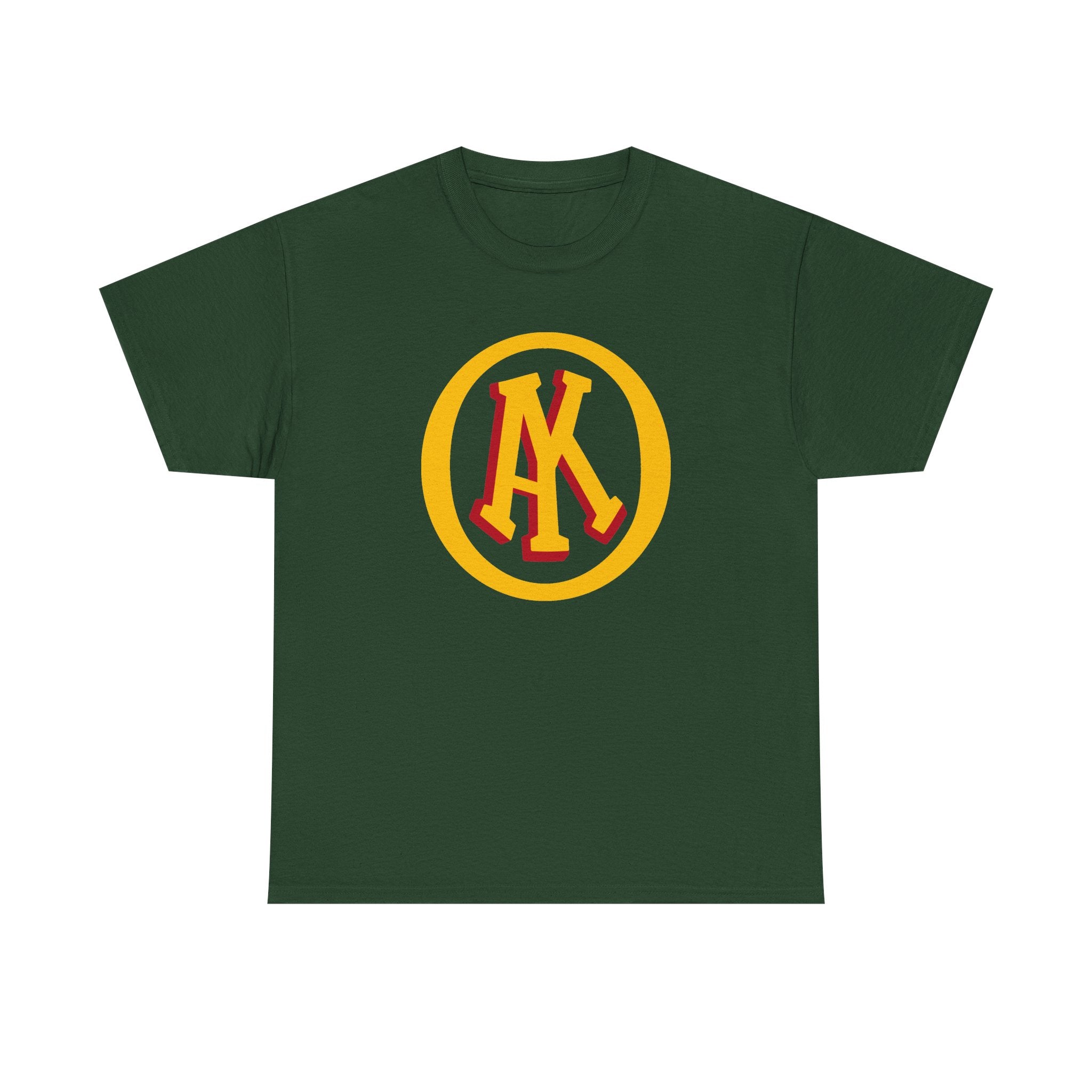 Omaha Knights 1940s T-Shirt in forest green with the gold and red AK monogram in a gold ring on the front