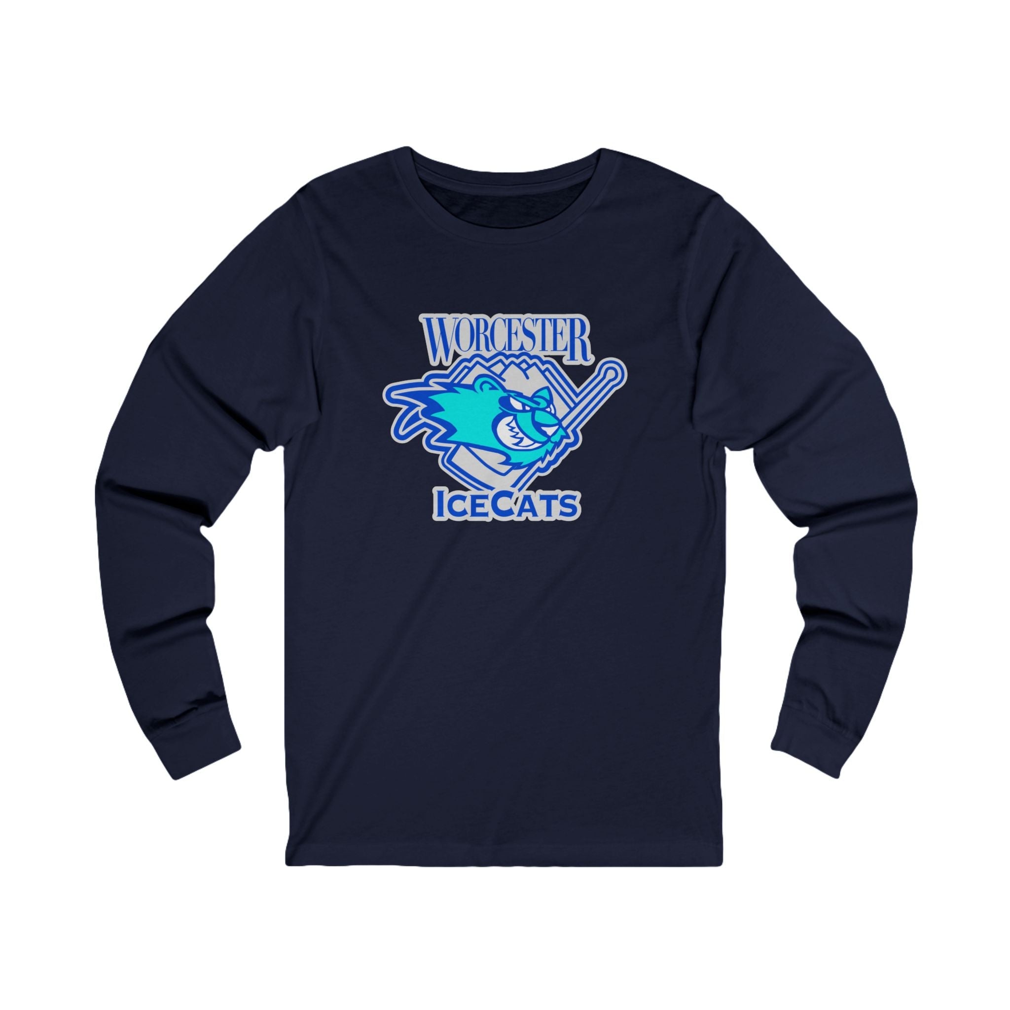 Worcester IceCats Long Sleeve Shirt with the teal cartoon cat with a stick and blue lettering on the front, view 3