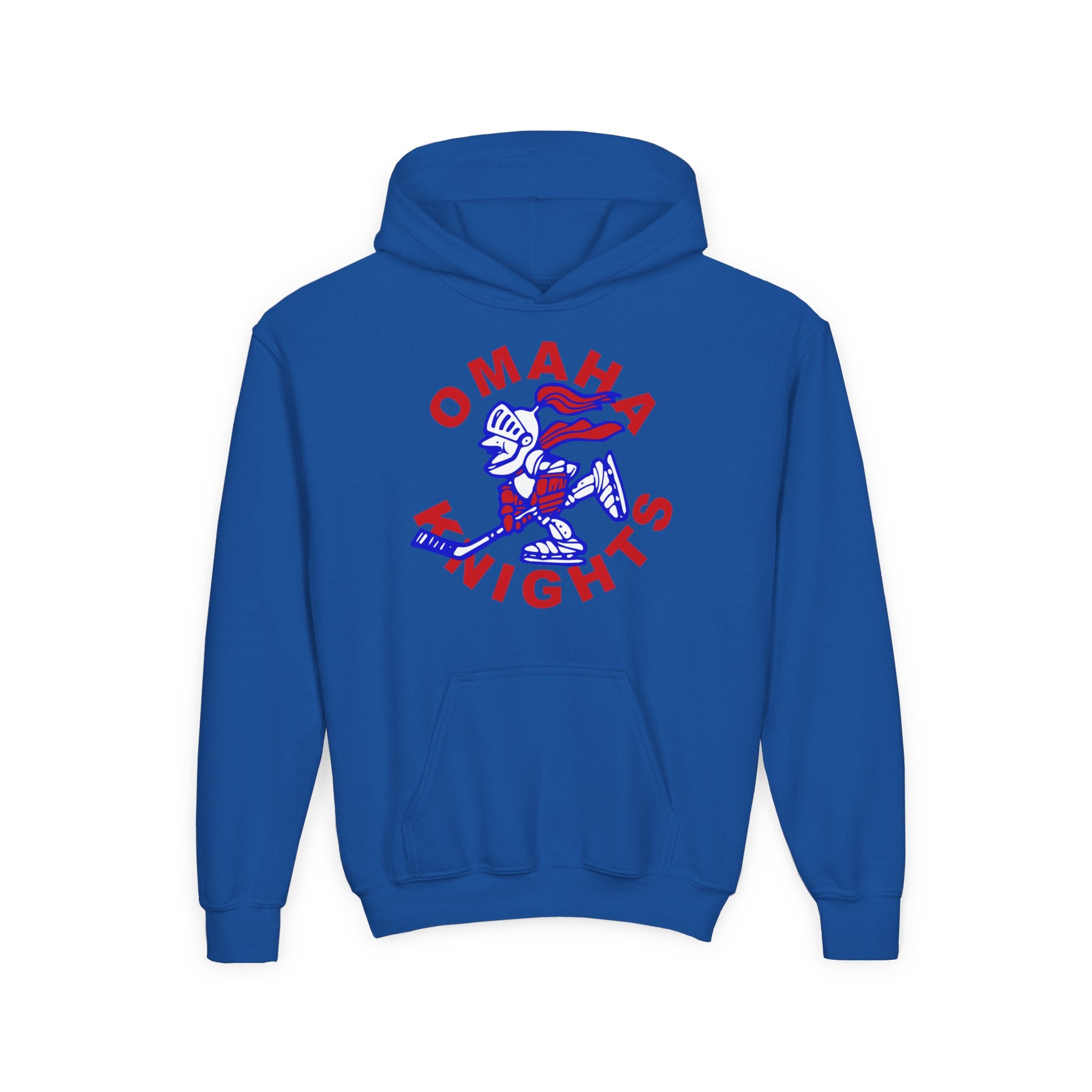 Omaha Knights 1960s Hoodie (Youth) in royal with the red arched name around a skating knight mascot on the front