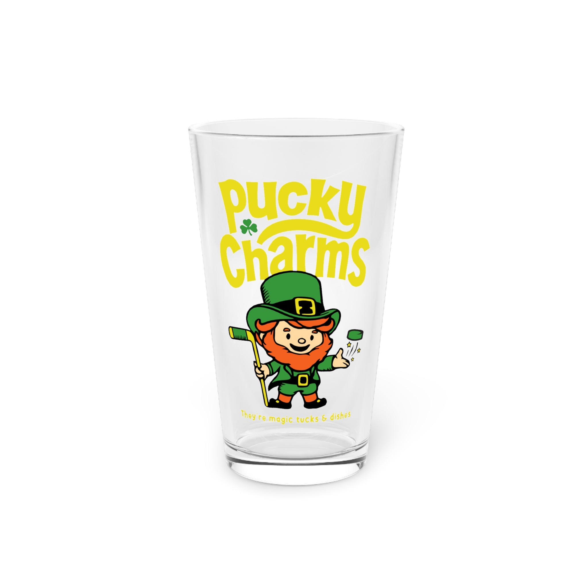 Pucky Charms Pint Glass, 16oz with the cartoon leprechaun with a stick and yellow lettering