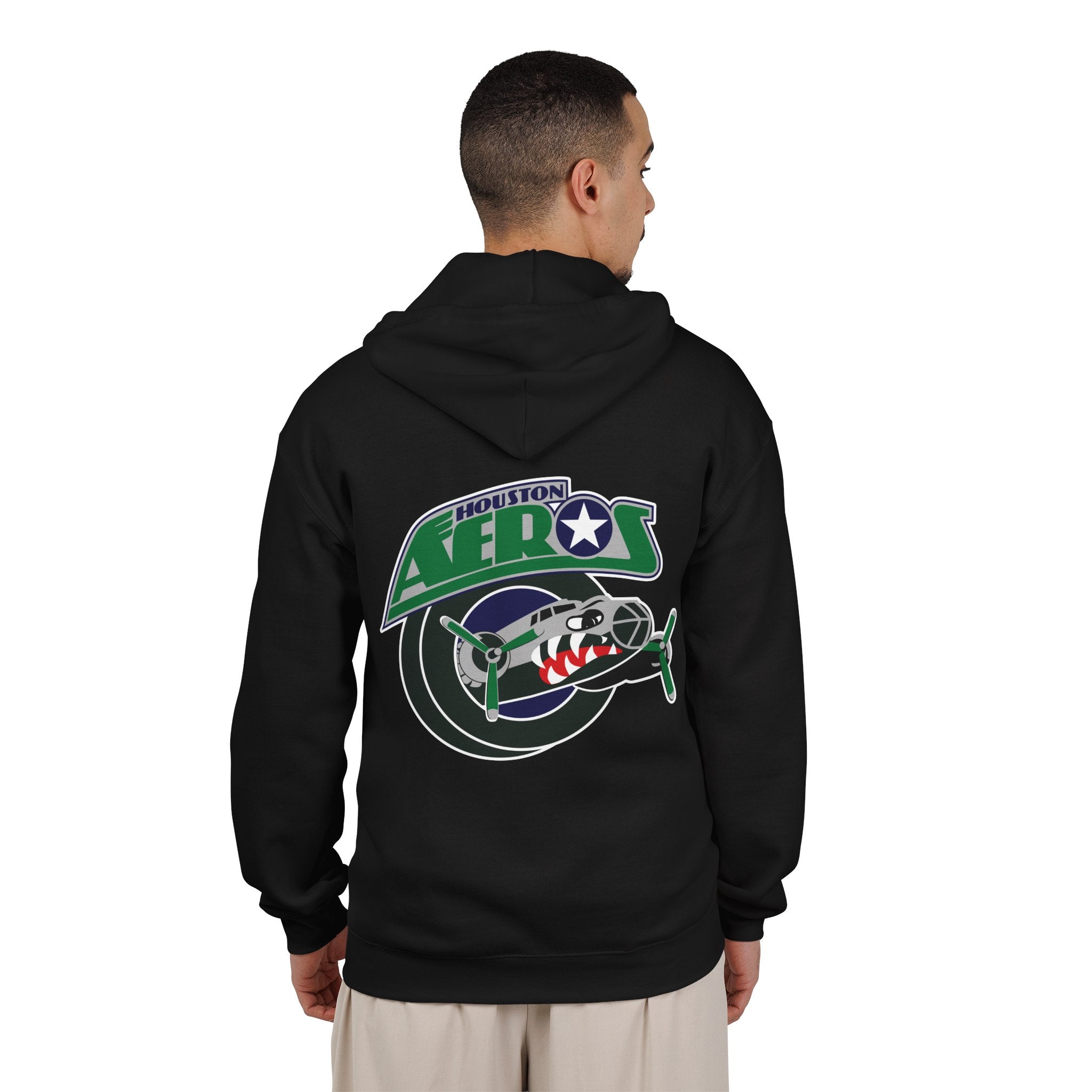 Houston Aeros 1990s Hoodie (Zip) in black, worn by model, back with the shark-nosed plane over a puck with green lettering