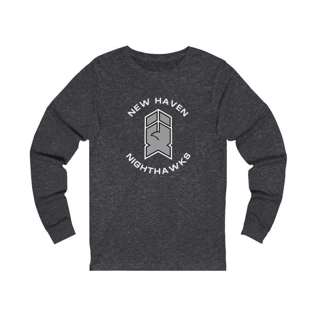 New Haven Nighthawks 1990s Long Sleeve Shirt with the grey and black hawk-head emblem with arched lettering on the front, view 2