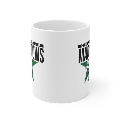 Columbus Mad Cows Mug 11 oz with the cartoon cow skater on a green star