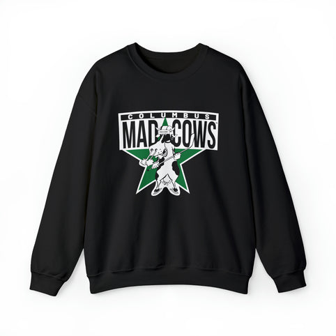 Columbus Mad Cows Crewneck Sweatshirt in black with the cartoon cow skater on a green star on the front