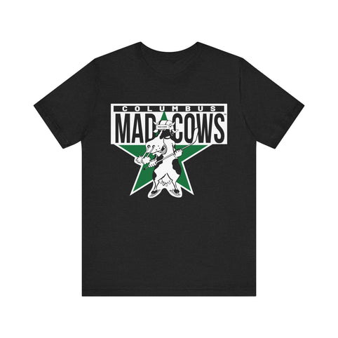 Columbus Mad Cows T-Shirt (Premium Lightweight) in solid black blend with the cartoon cow skater on a green star on the front
