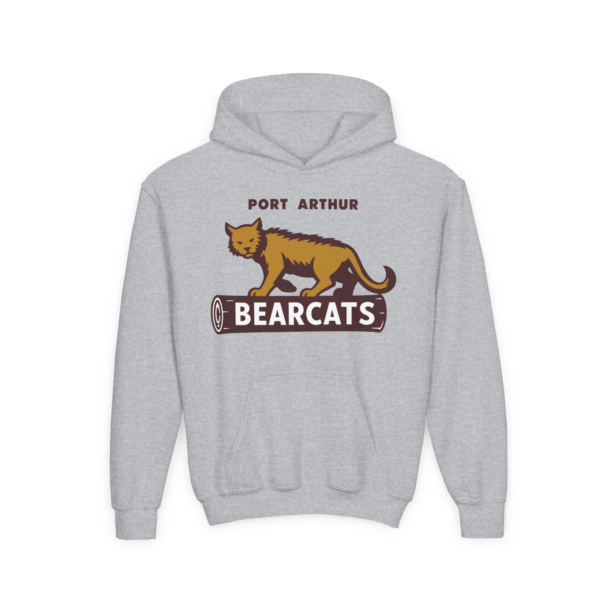 Port Arthur Bear Cats Hoodie (Youth) in sport grey with the gold bobcat standing on a log wordmark on the front