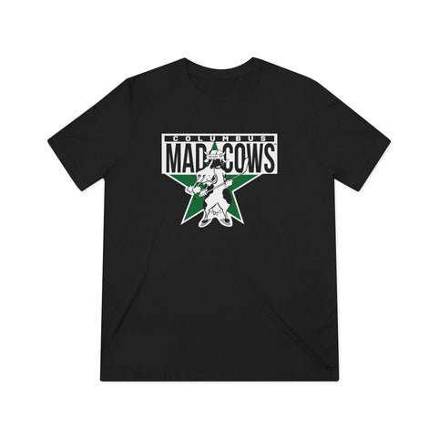 Columbus Mad Cows T-Shirt (Tri-Blend Super Light) with the cow skater on a green star with black lettering on the front, view 3