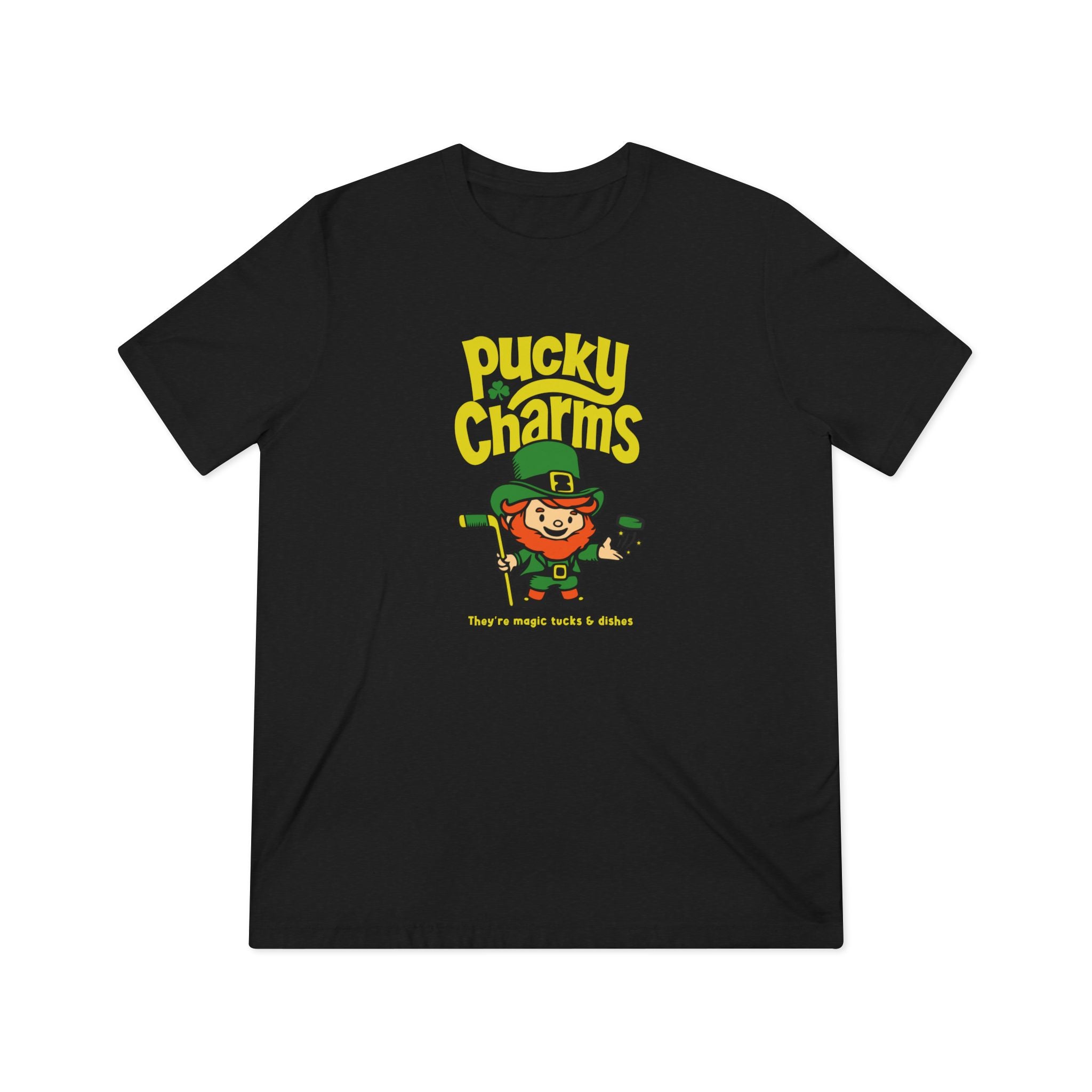 Pucky Charms T-Shirt (Tri-Blend Super Light) with the leprechaun with a stick under green lettering on the front, view 2